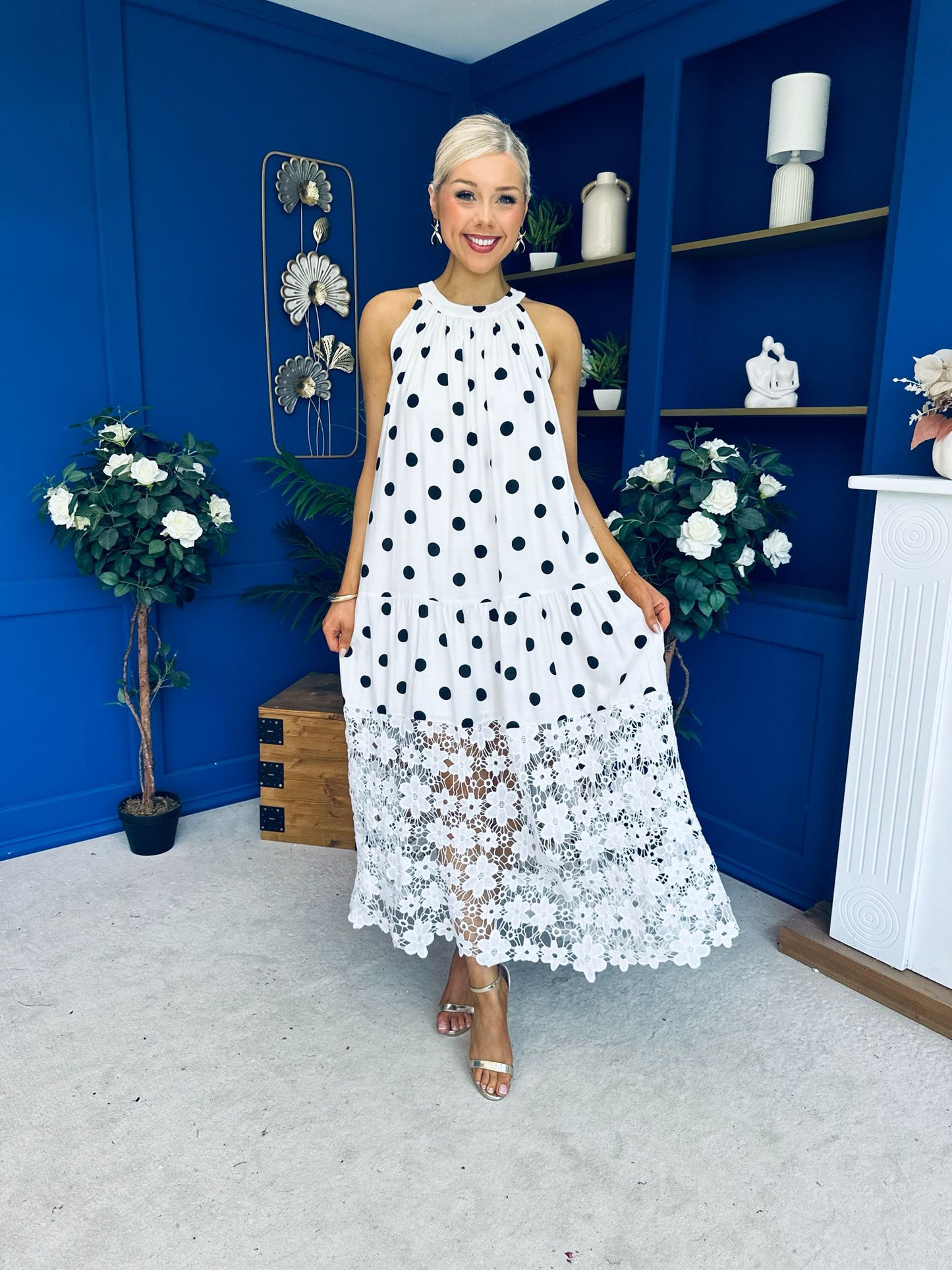 Tilly Crochet Detail Midi Dress Polka White
