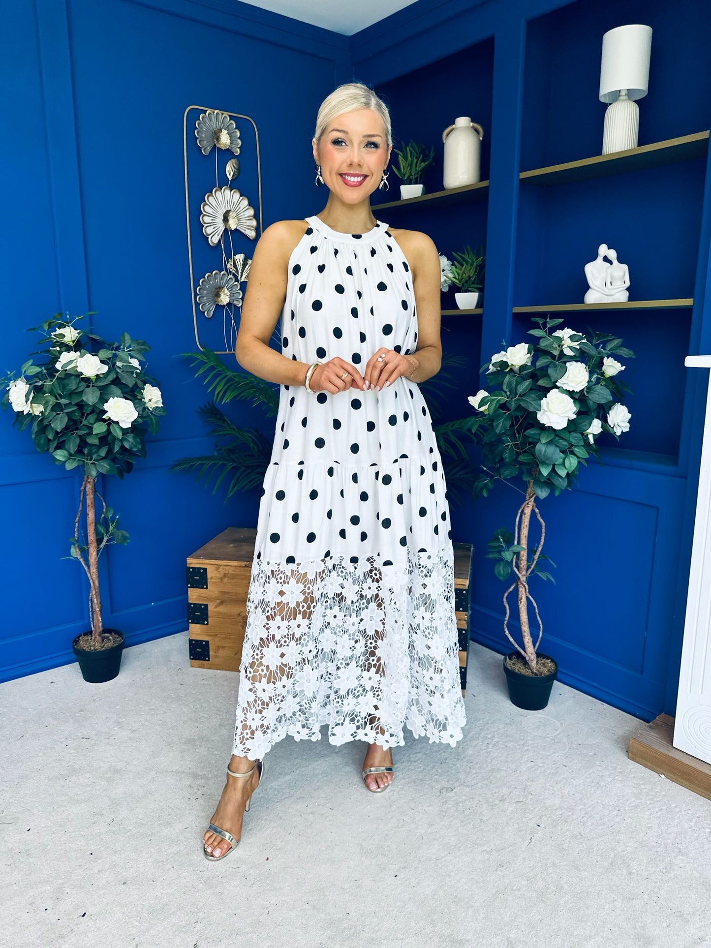 Tilly Crochet Detail Midi Dress Polka White