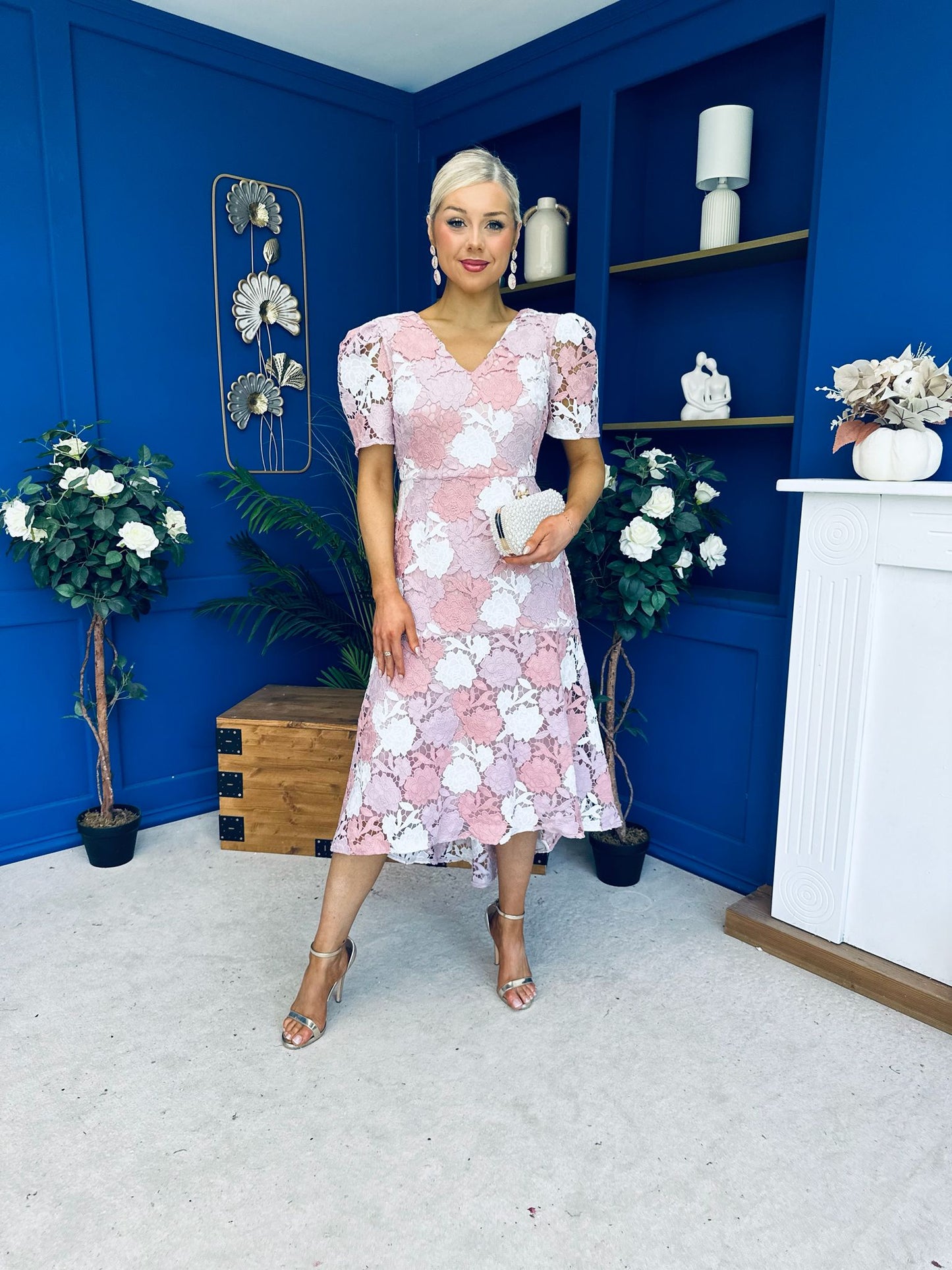 Myrtle V Neck A Line Floral Lace Midi Dress Blush