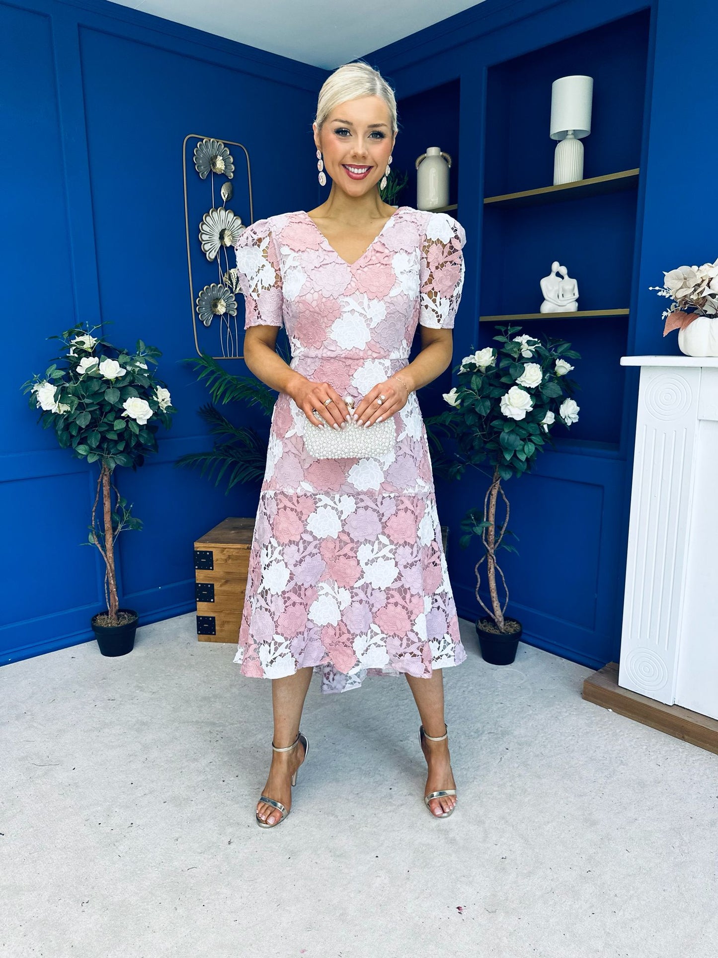 Myrtle V Neck A Line Floral Lace Midi Dress Blush