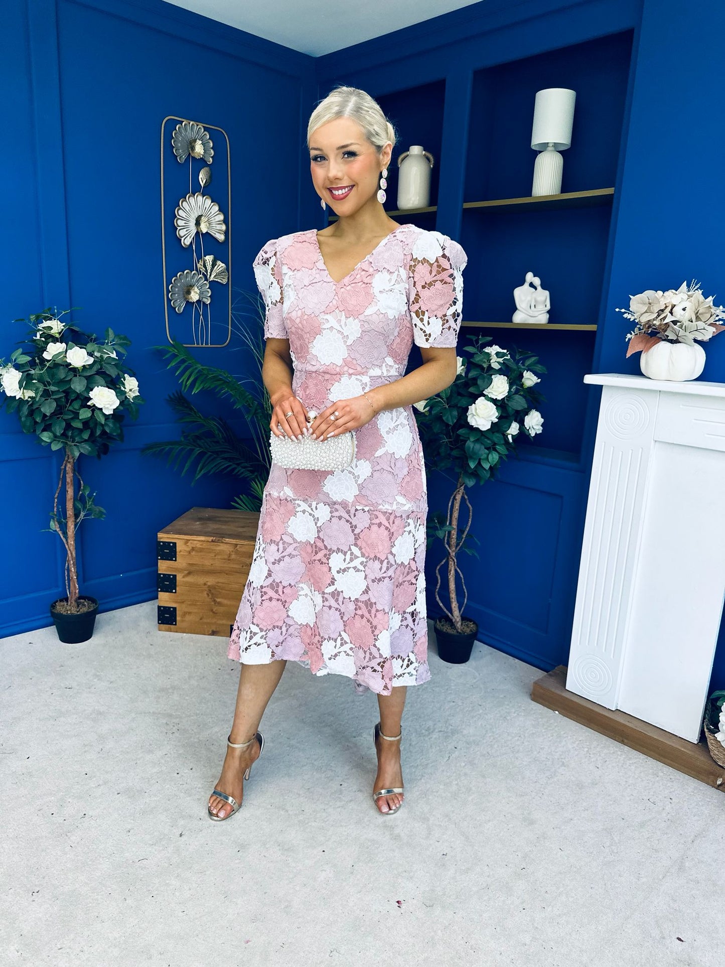 Myrtle V Neck A Line Floral Lace Midi Dress Blush