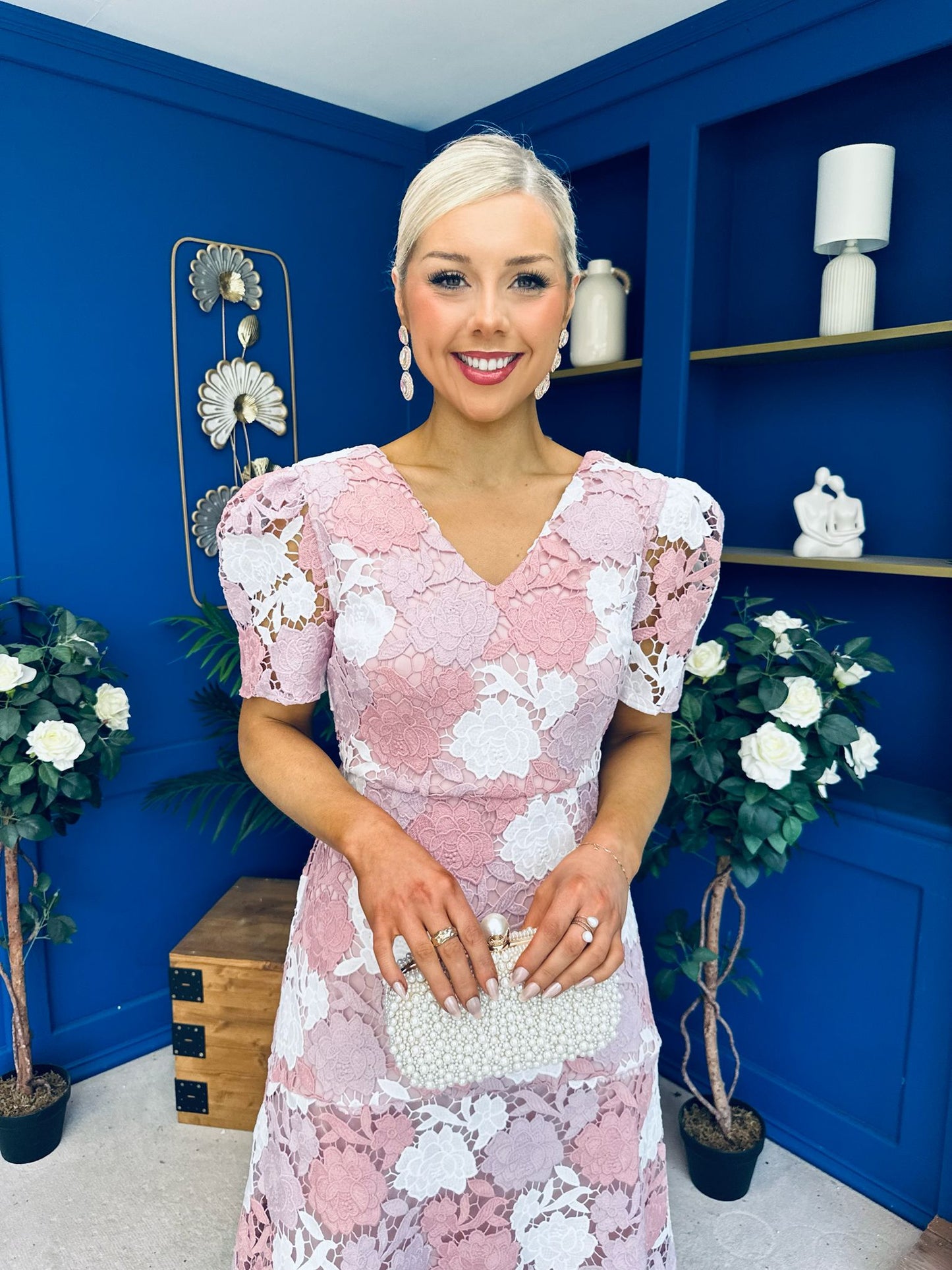 Myrtle V Neck A Line Floral Lace Midi Dress Blush