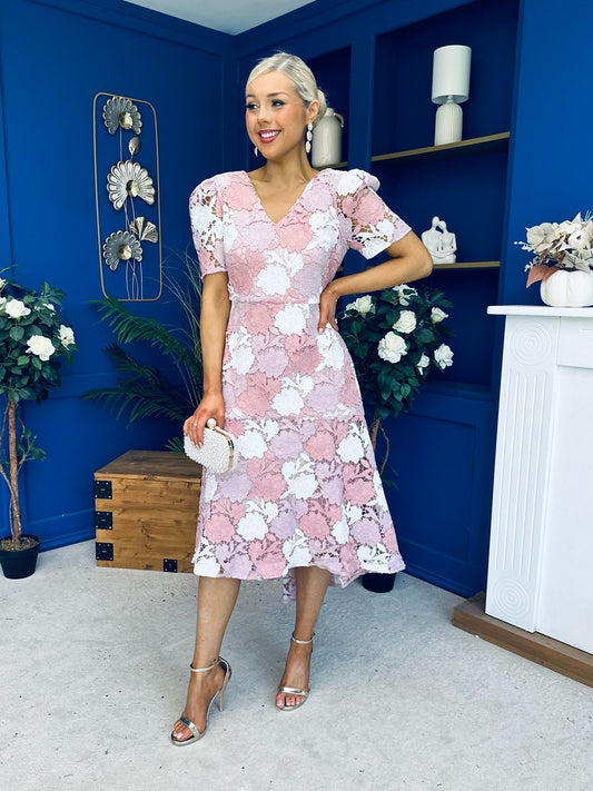Myrtle V Neck A Line Floral Lace Midi Dress Blush