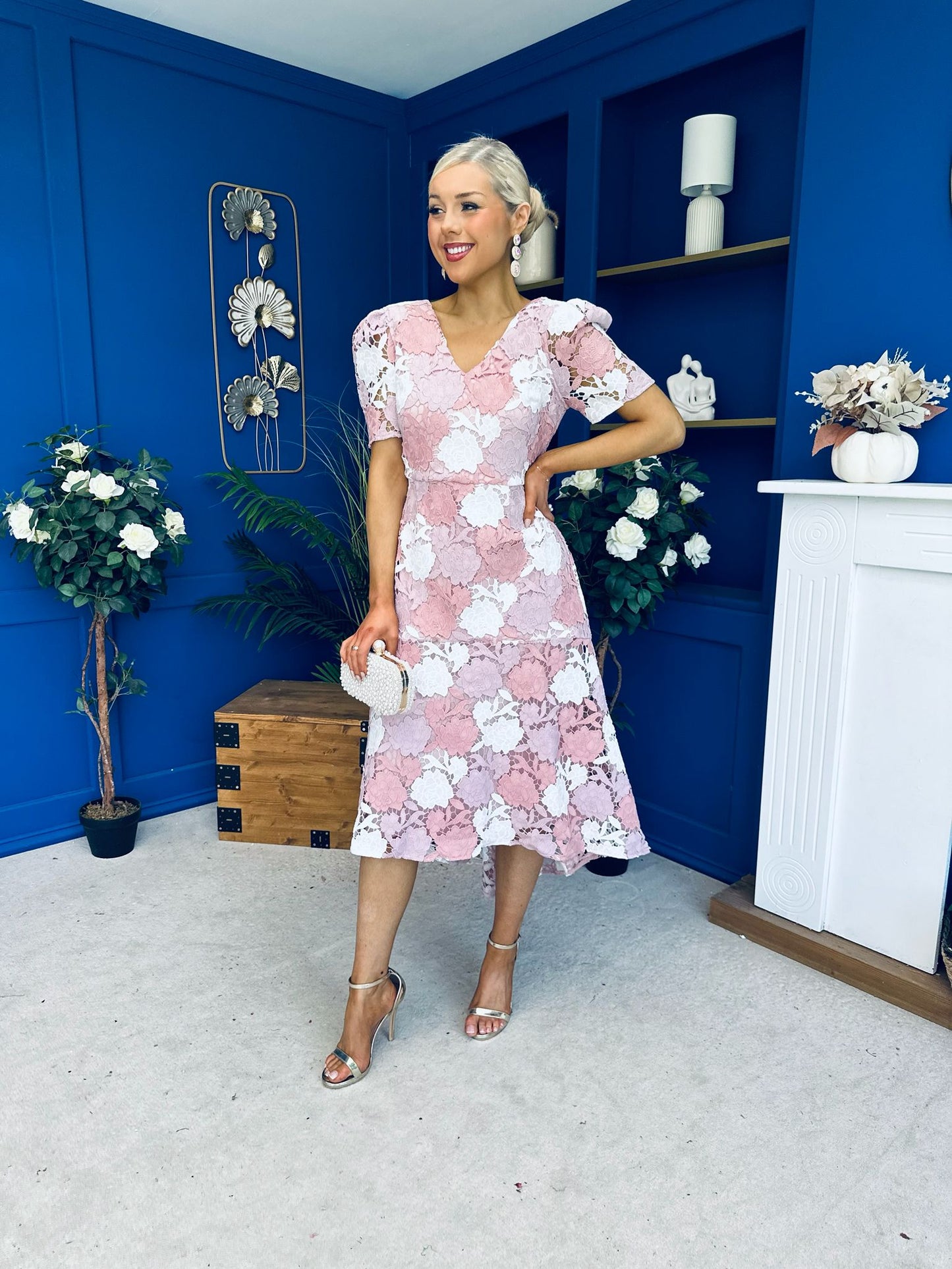 Myrtle V Neck A Line Floral Lace Midi Dress Blush