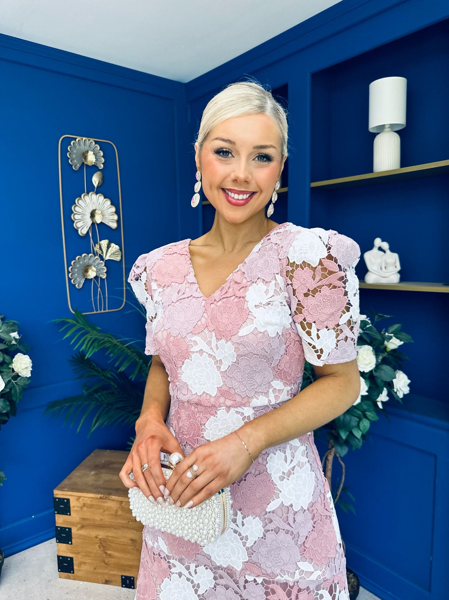 Myrtle V Neck A Line Floral Lace Midi Dress Blush