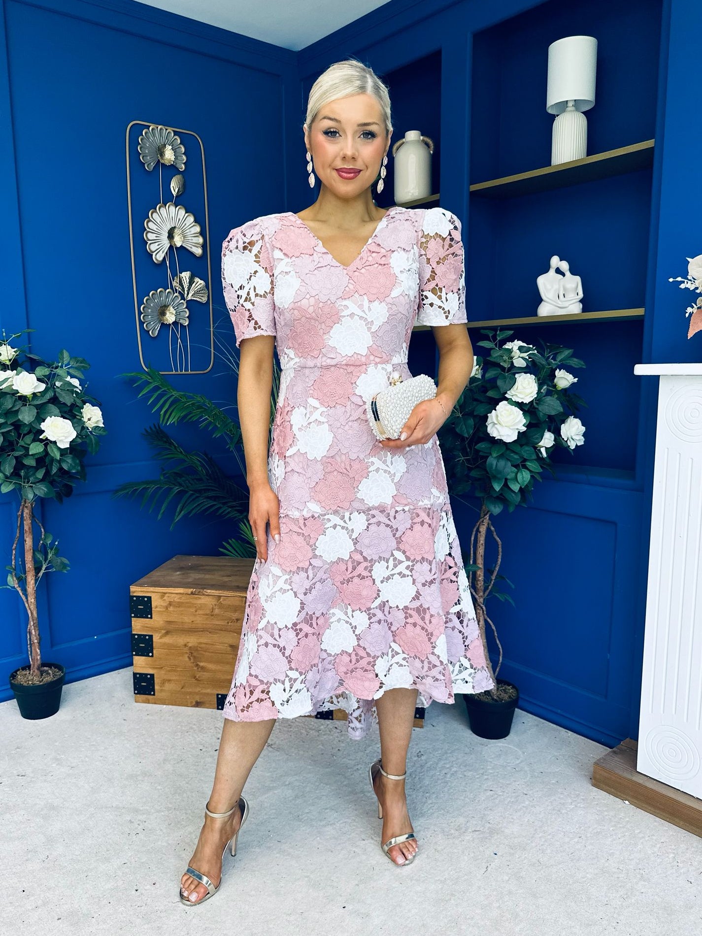 Myrtle V Neck A Line Floral Lace Midi Dress Blush