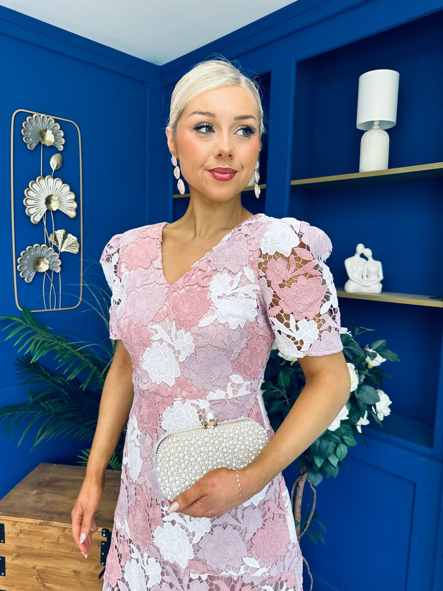 Myrtle V Neck A Line Floral Lace Midi Dress Blush