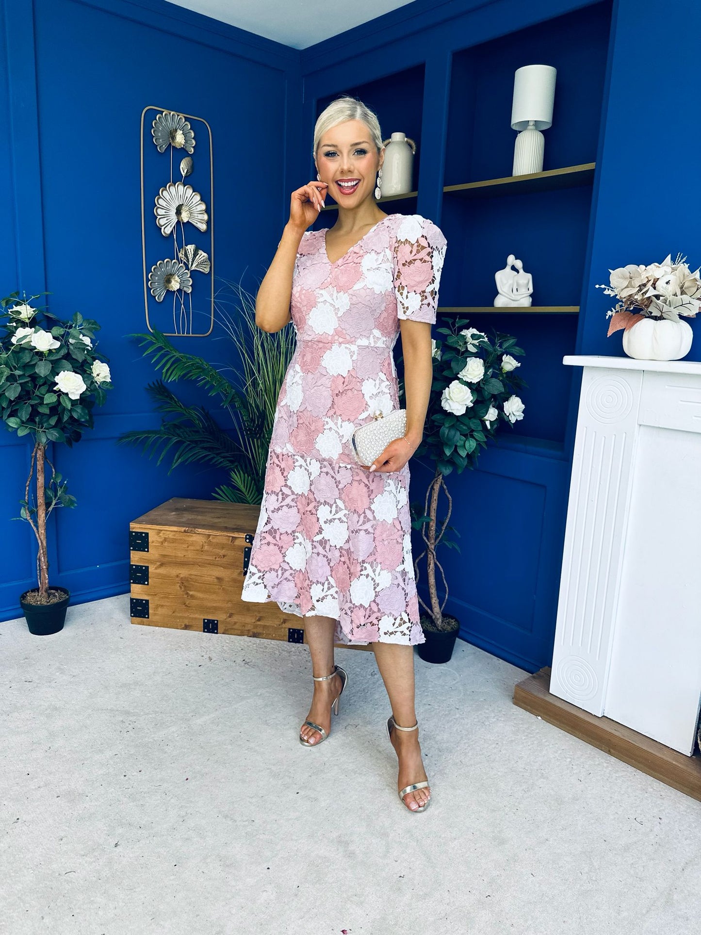 Myrtle V Neck A Line Floral Lace Midi Dress Blush
