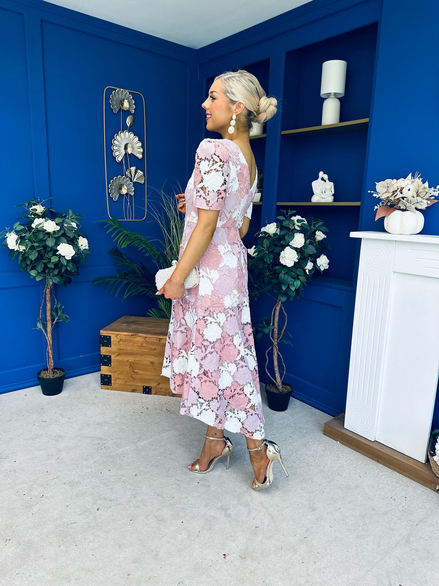 Myrtle V Neck A Line Floral Lace Midi Dress Blush