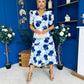 Myrtle V Neck A Line Floral Lace Midi Dress Blue