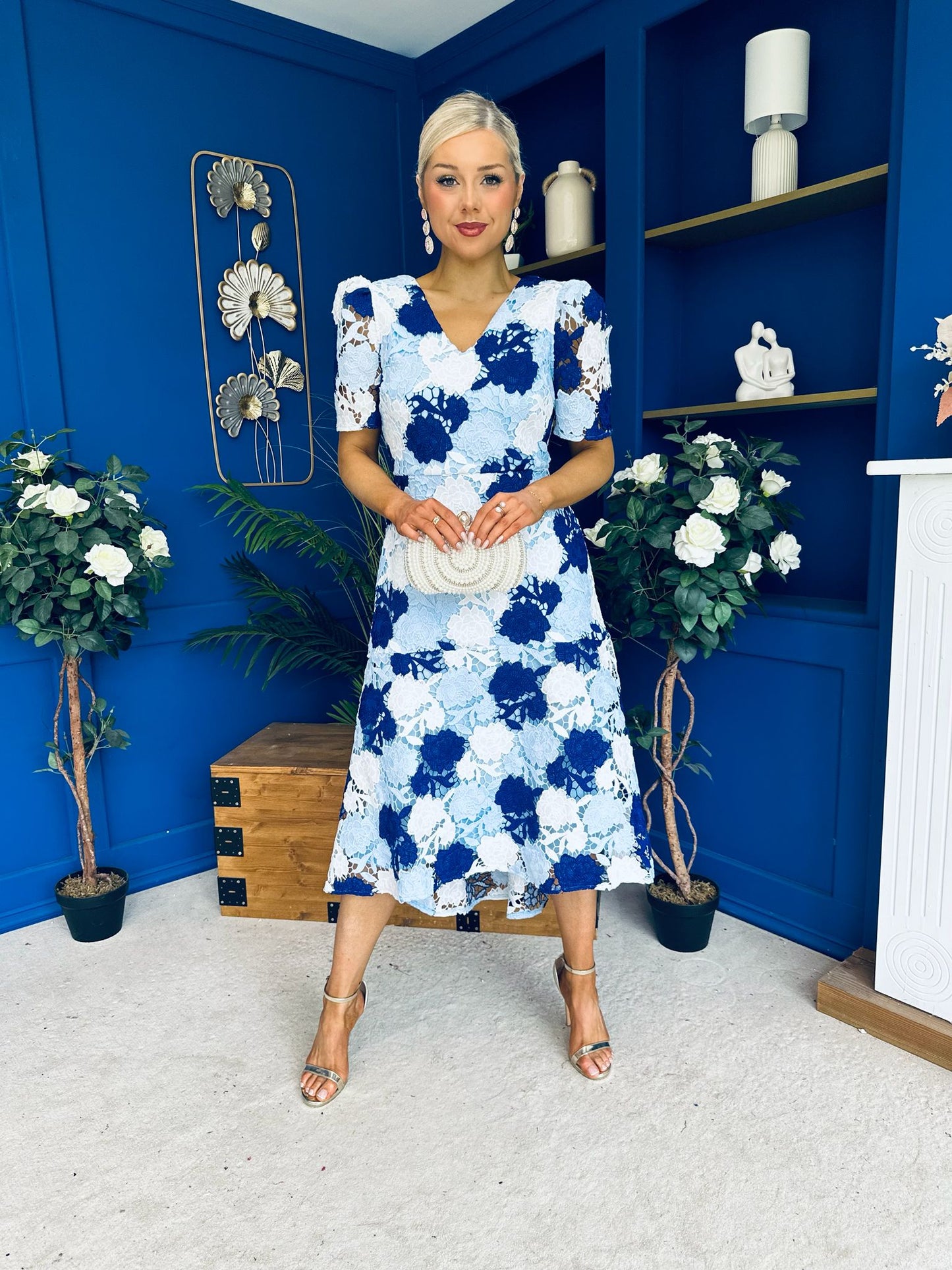 Myrtle V Neck A Line Floral Lace Midi Dress Blue