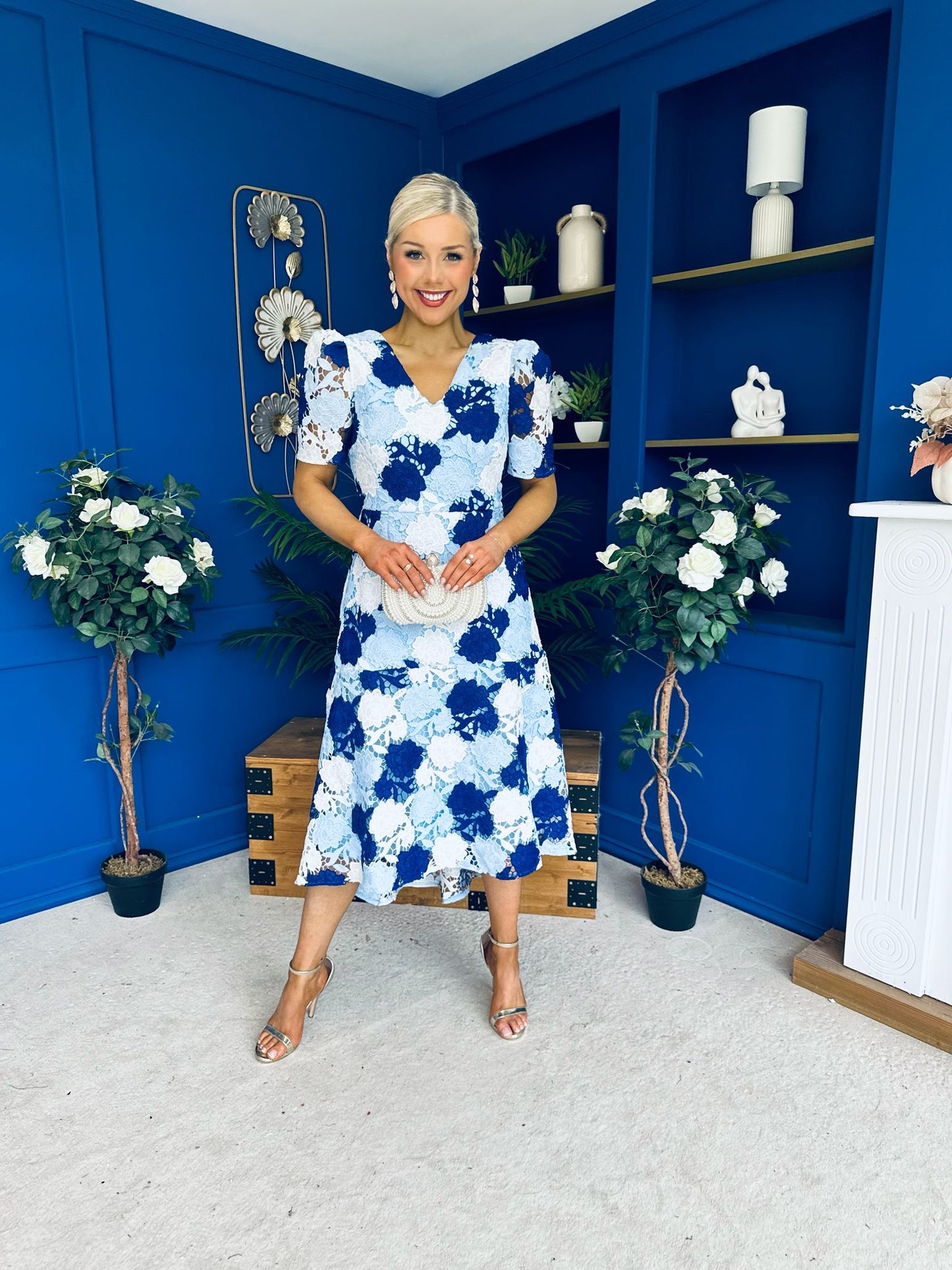 Myrtle V Neck A Line Floral Lace Midi Dress Blue