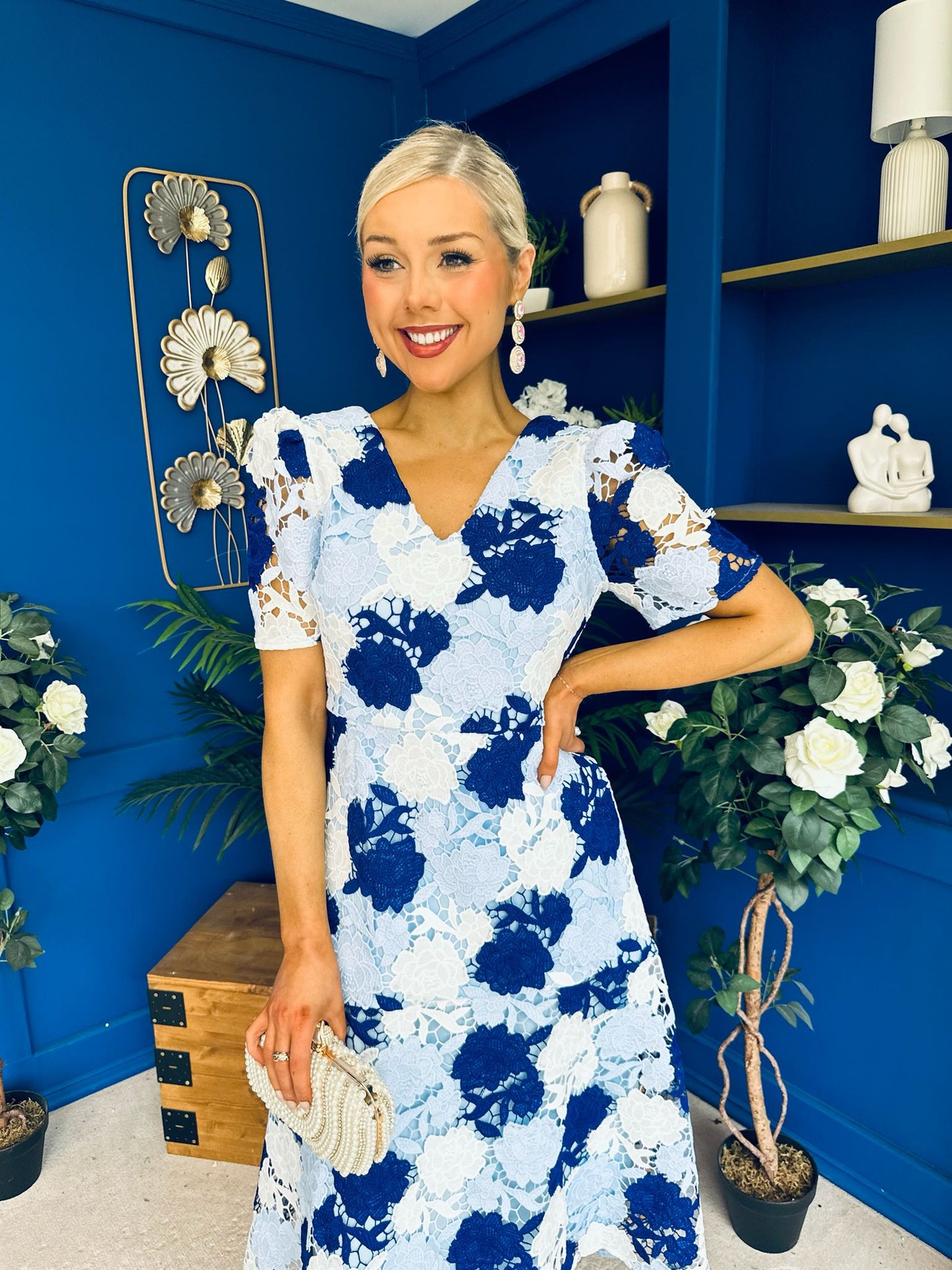 Myrtle V Neck A Line Floral Lace Midi Dress Blue