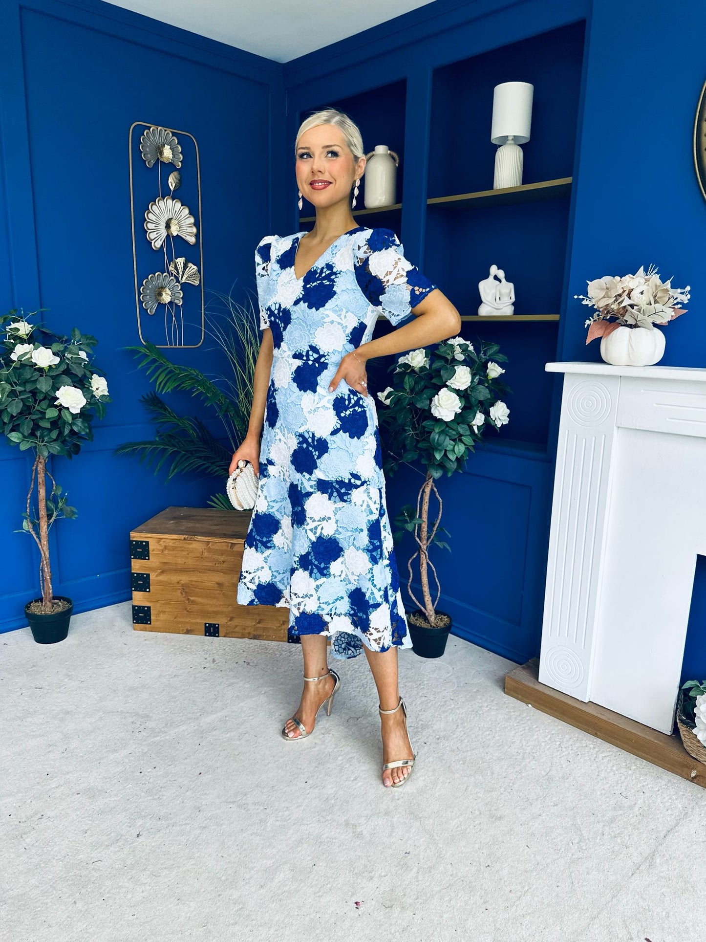 Myrtle V Neck A Line Floral Lace Midi Dress Blue
