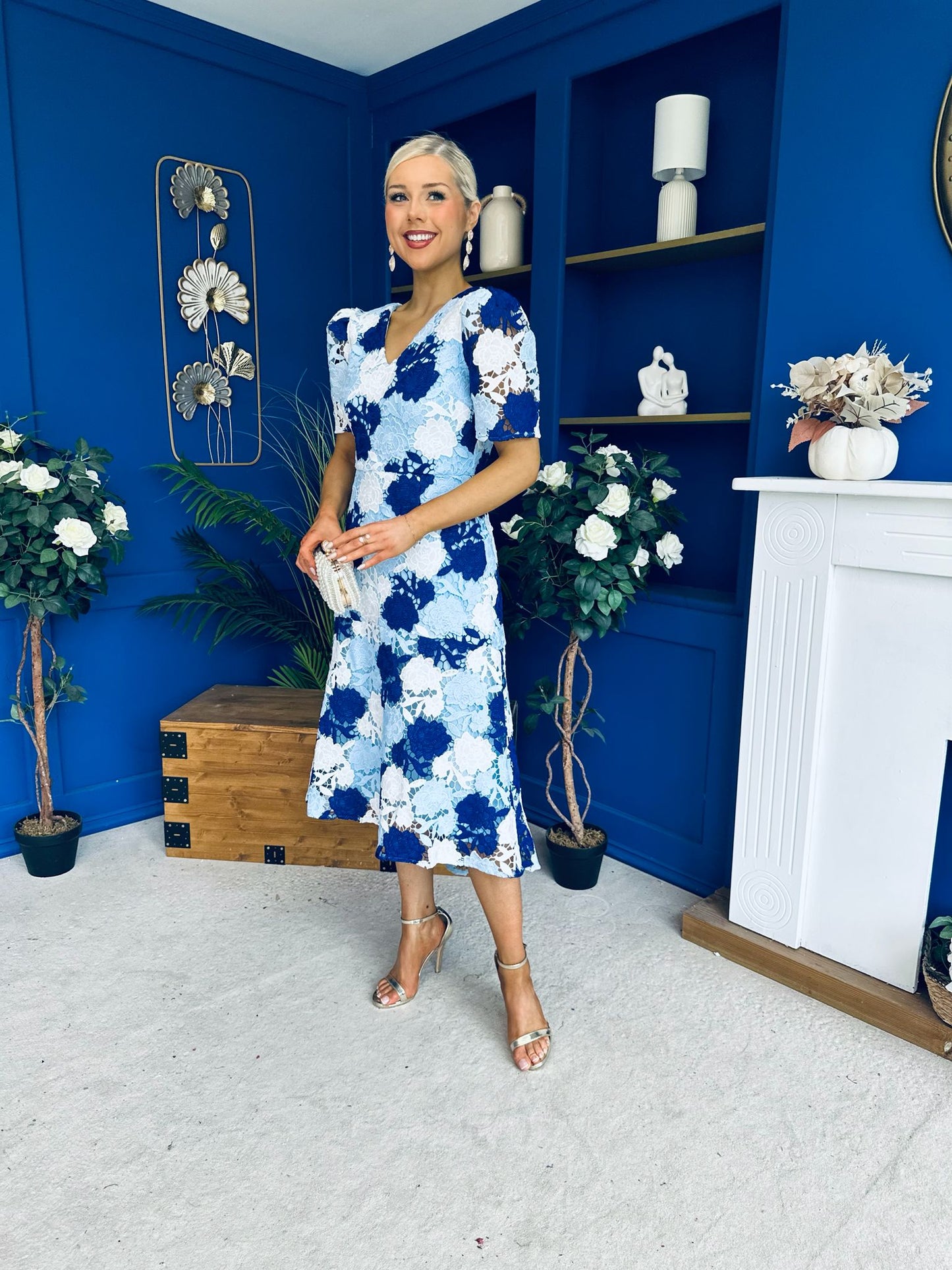 Myrtle V Neck A Line Floral Lace Midi Dress Blue