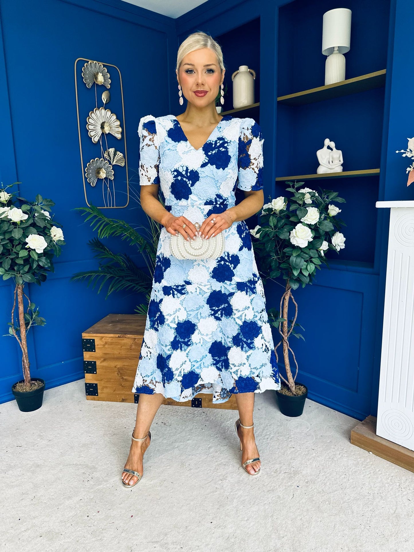 Myrtle V Neck A Line Floral Lace Midi Dress Blue