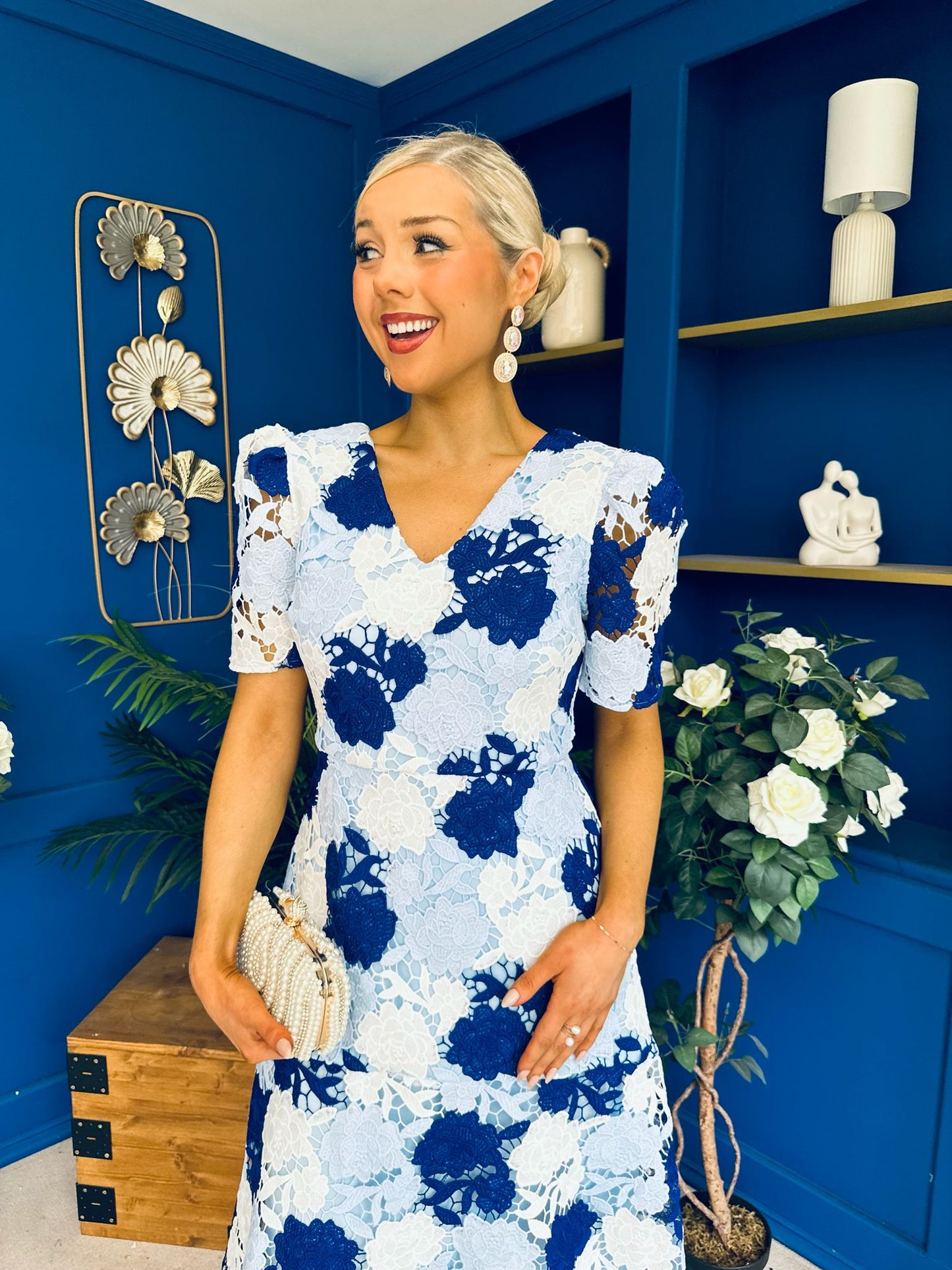 Myrtle V Neck A Line Floral Lace Midi Dress Blue