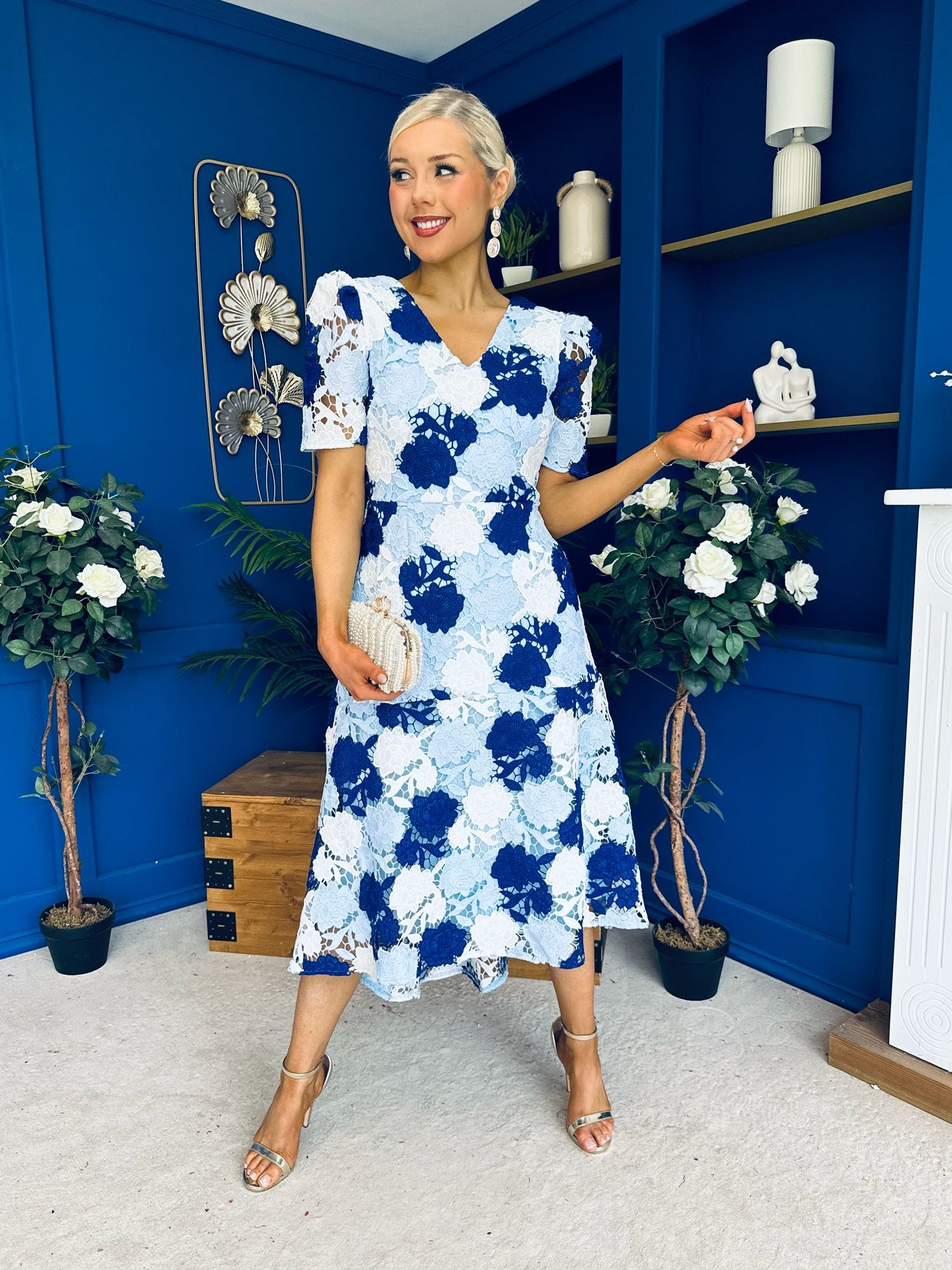 Myrtle V Neck A Line Floral Lace Midi Dress Blue