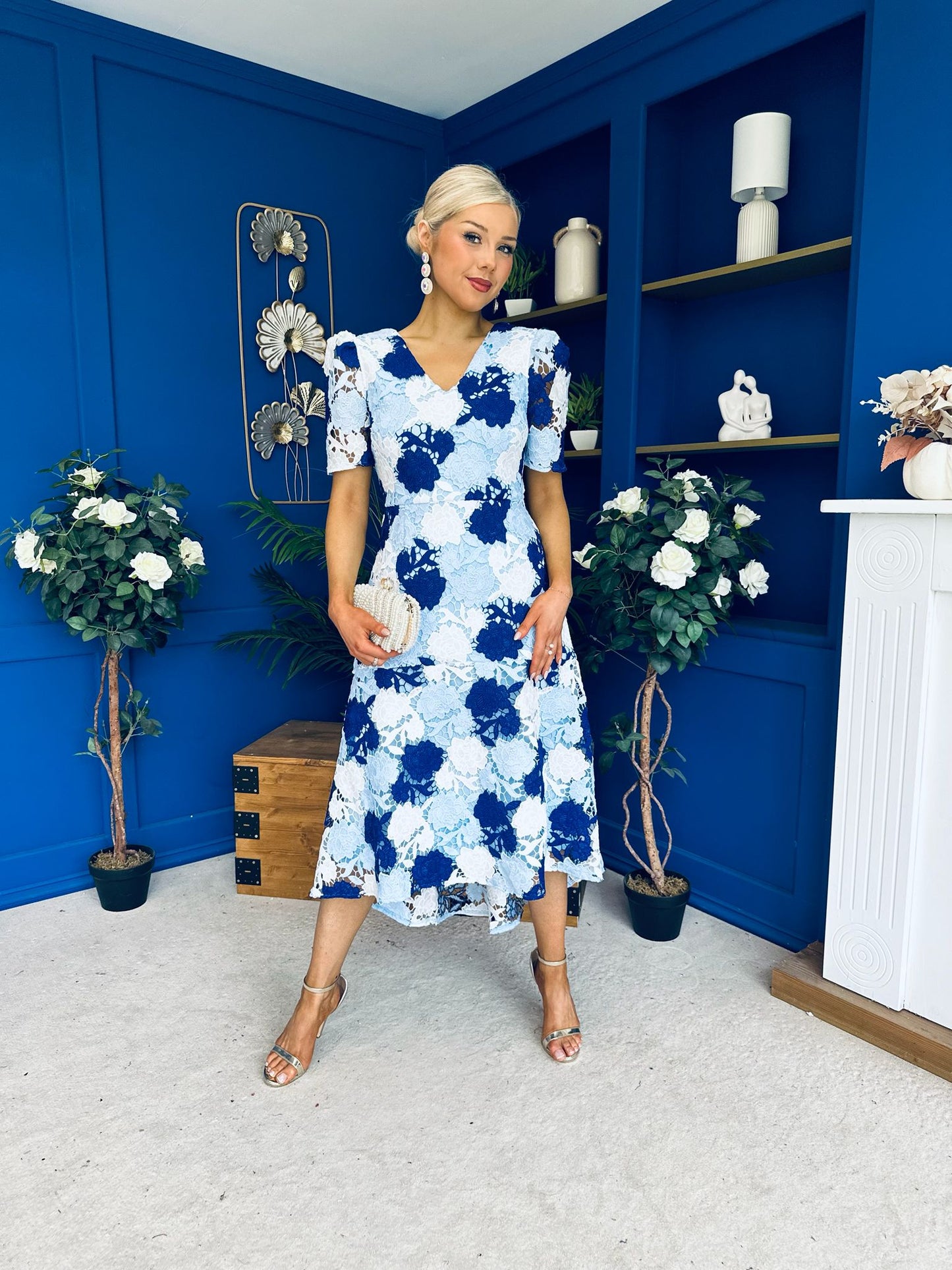 Myrtle V Neck A Line Floral Lace Midi Dress Blue