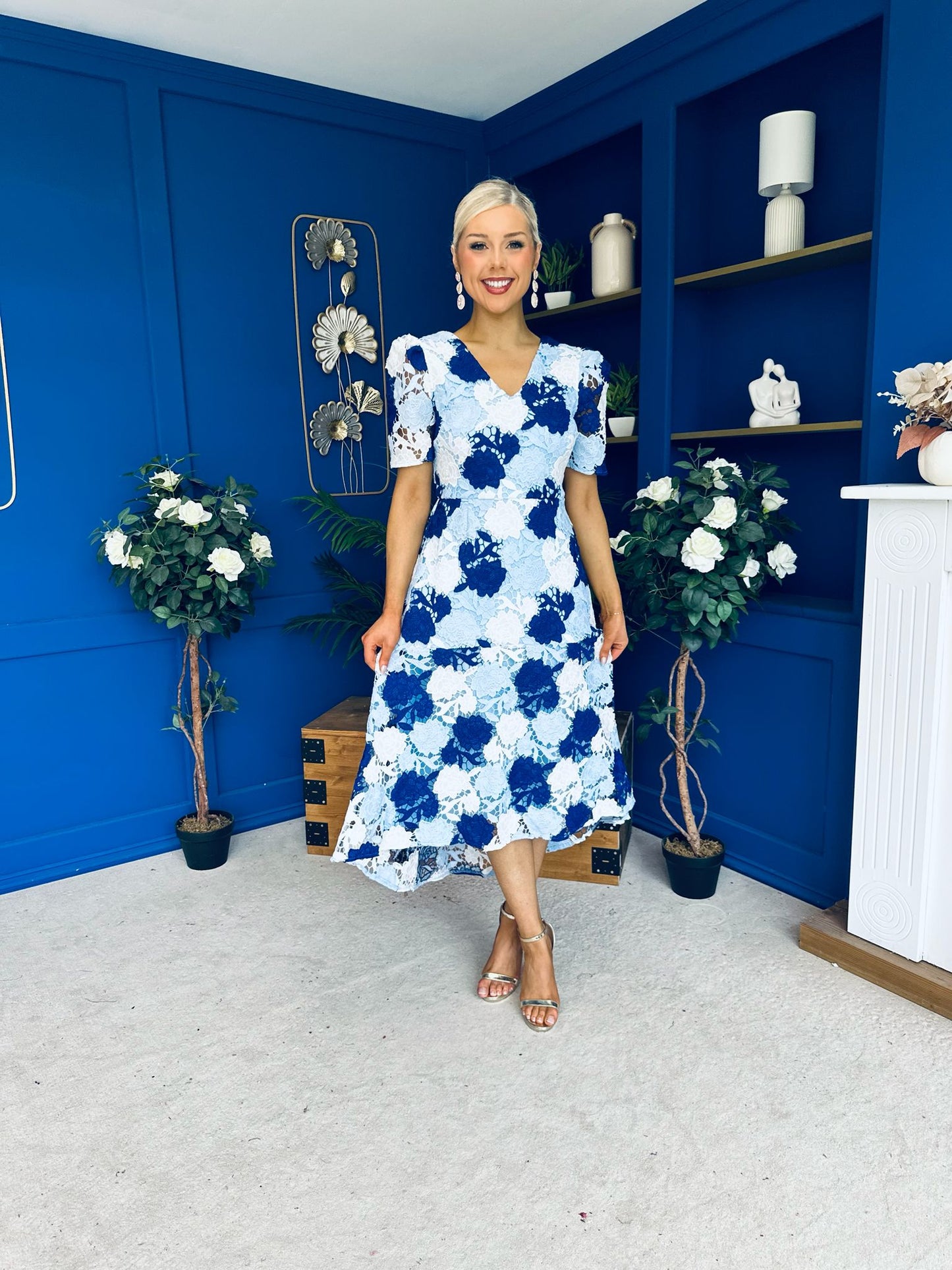 Myrtle V Neck A Line Floral Lace Midi Dress Blue