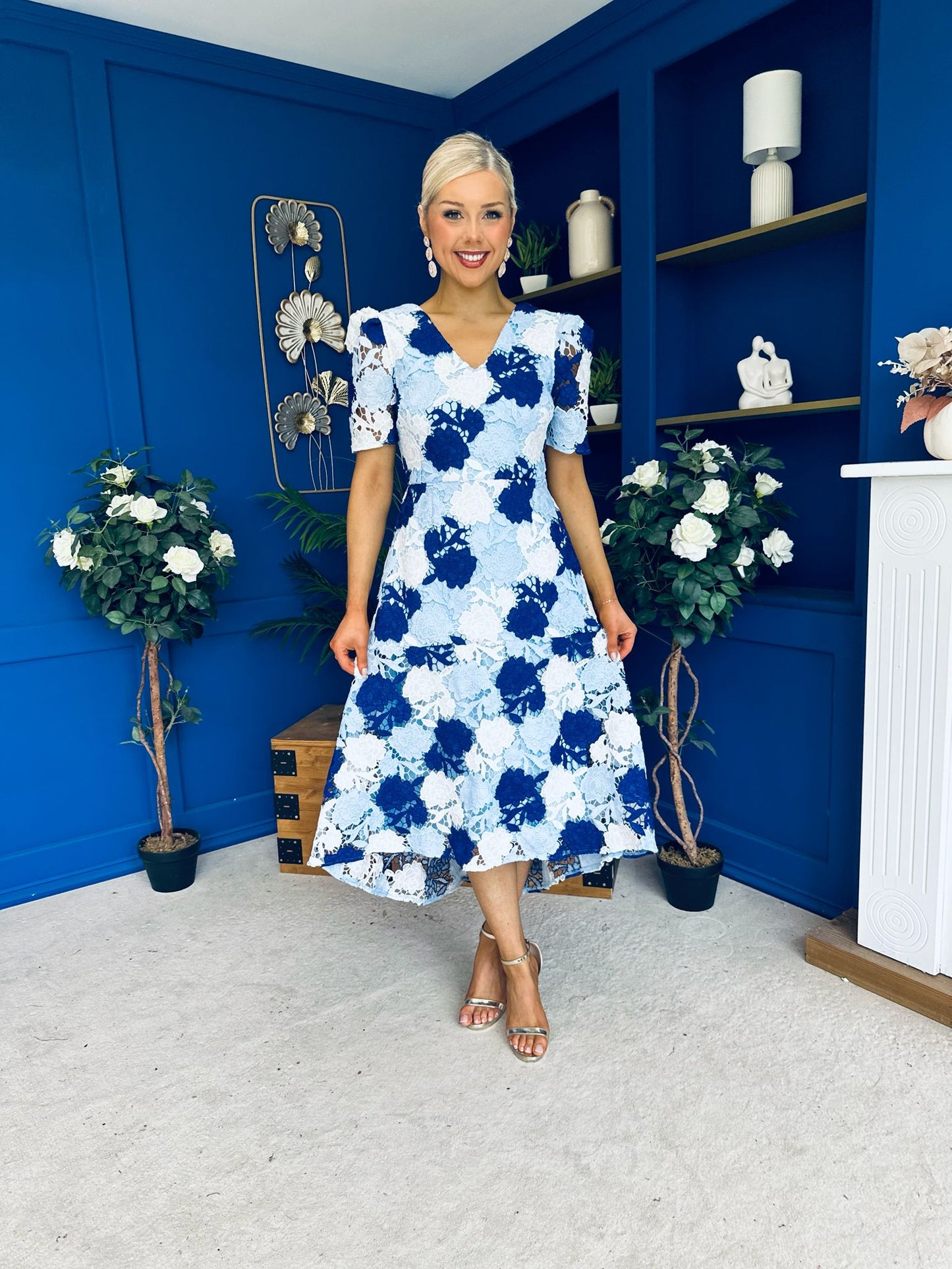 Myrtle V Neck A Line Floral Lace Midi Dress Blue