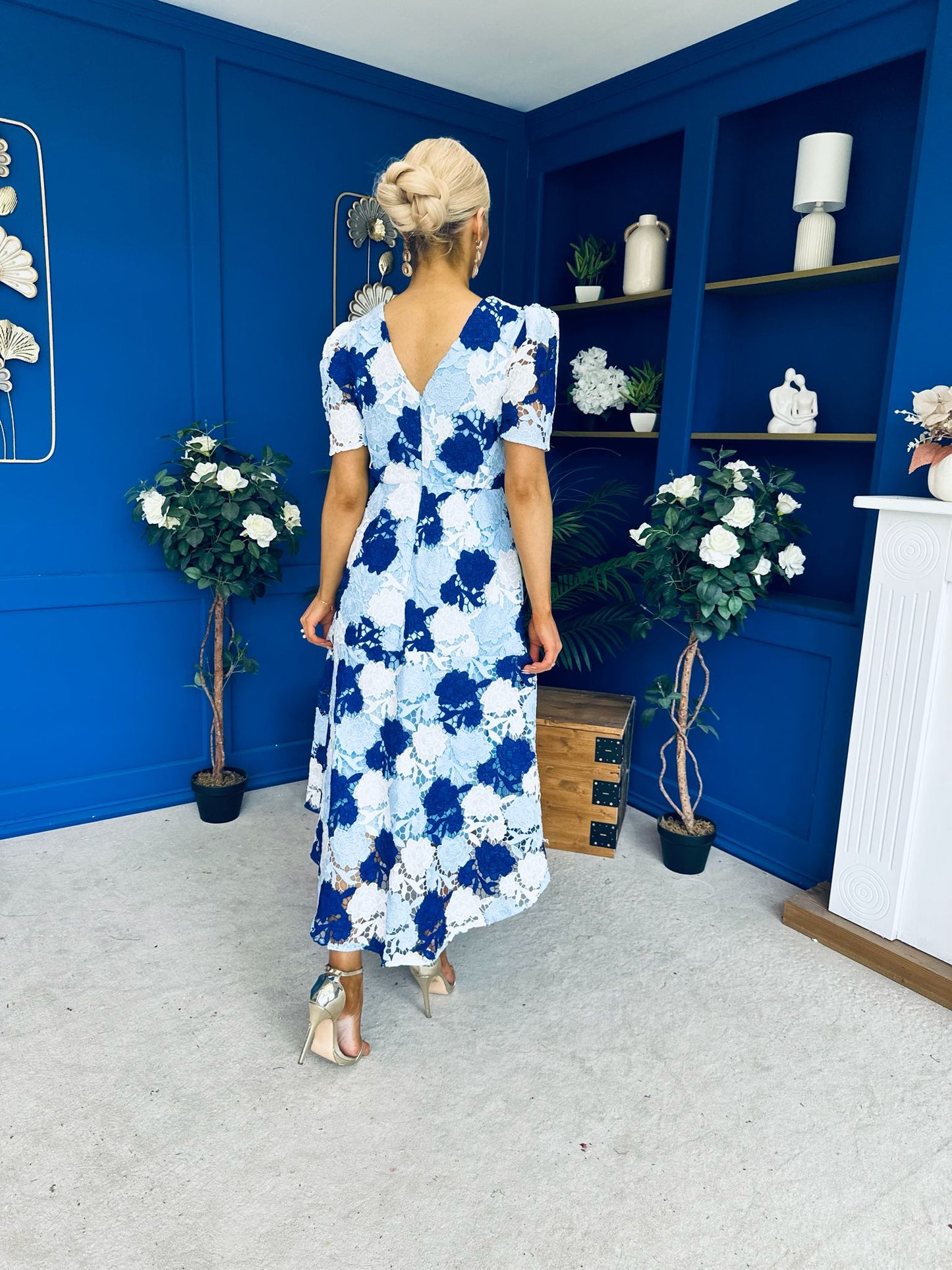 Myrtle V Neck A Line Floral Lace Midi Dress Blue