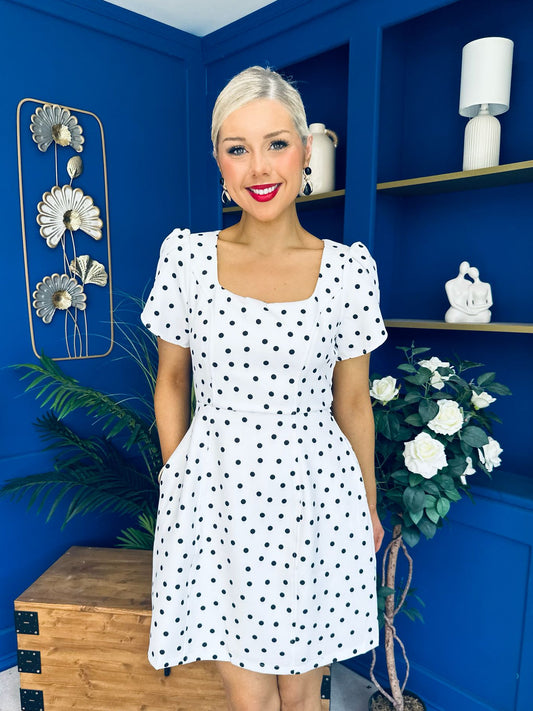 Reeve Square Neck Mini Dress Polka Cream