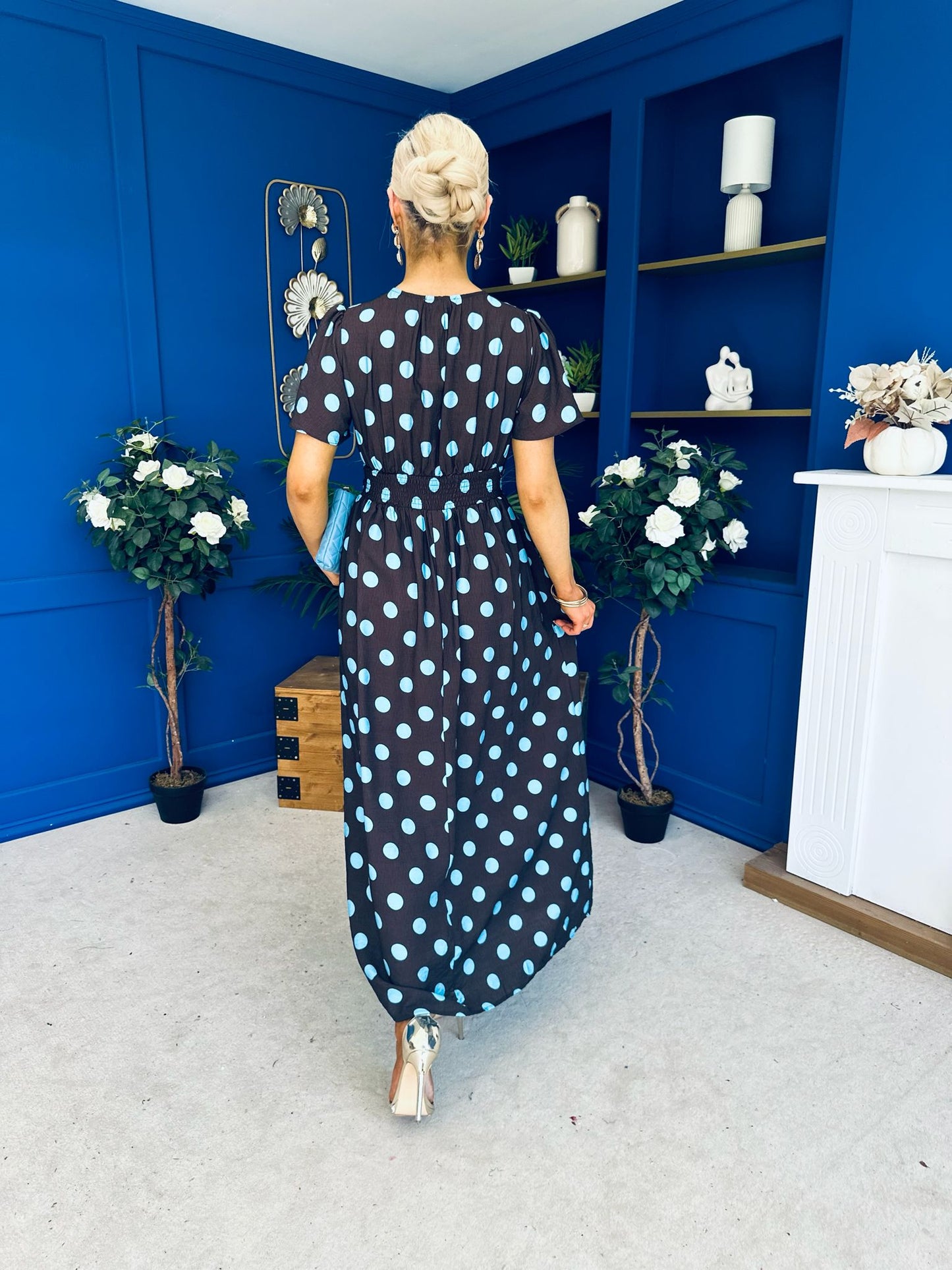 Mandy Banded Midi Dress Blue Polka Coffee