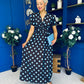 Mandy Banded Midi Dress Blue Polka Coffee