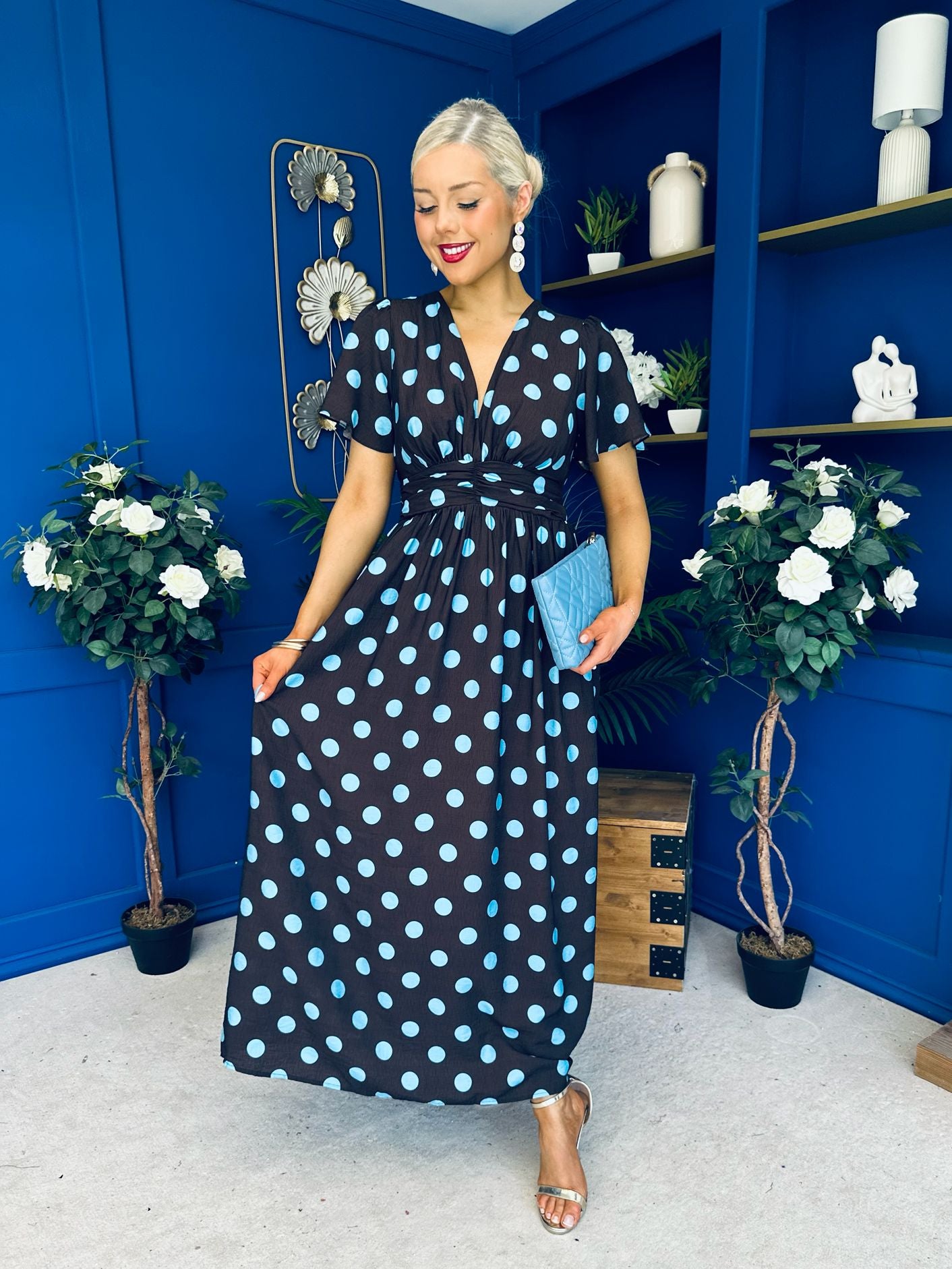 Mandy Banded Midi Dress Blue Polka Coffee