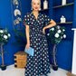 Mandy Banded Midi Dress Blue Polka Coffee