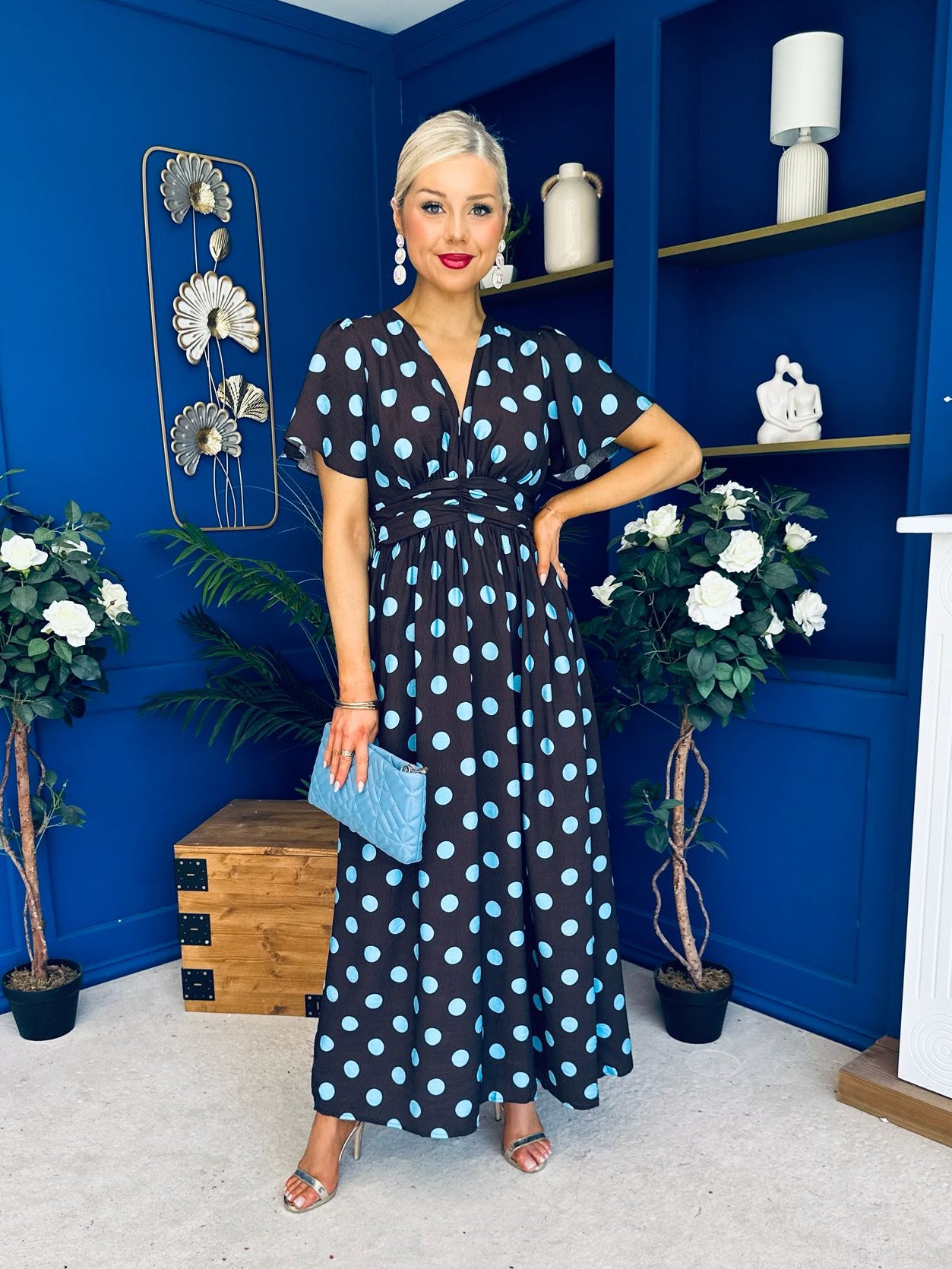 Mandy Banded Midi Dress Blue Polka Coffee