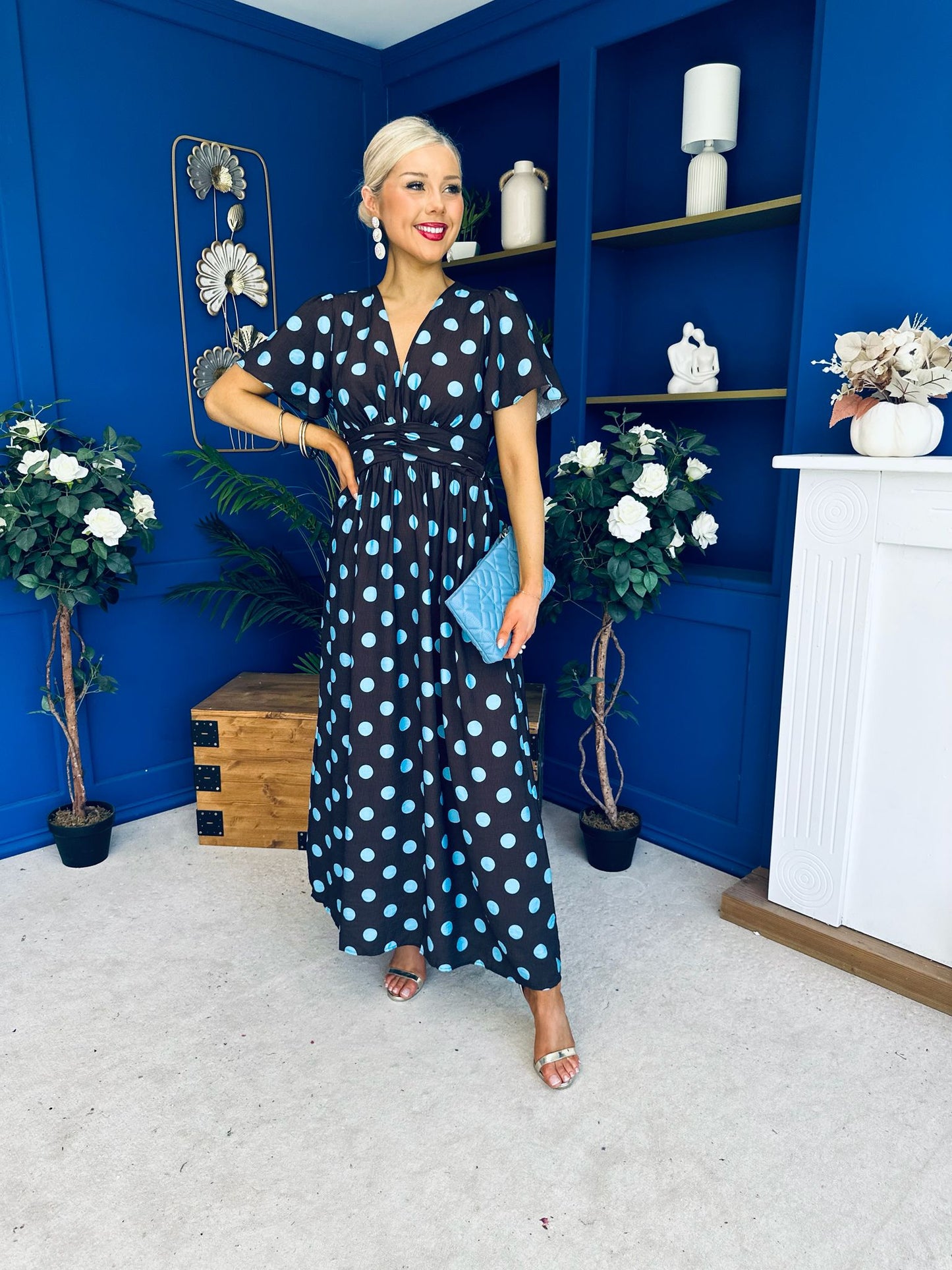 Mandy Banded Midi Dress Blue Polka Coffee