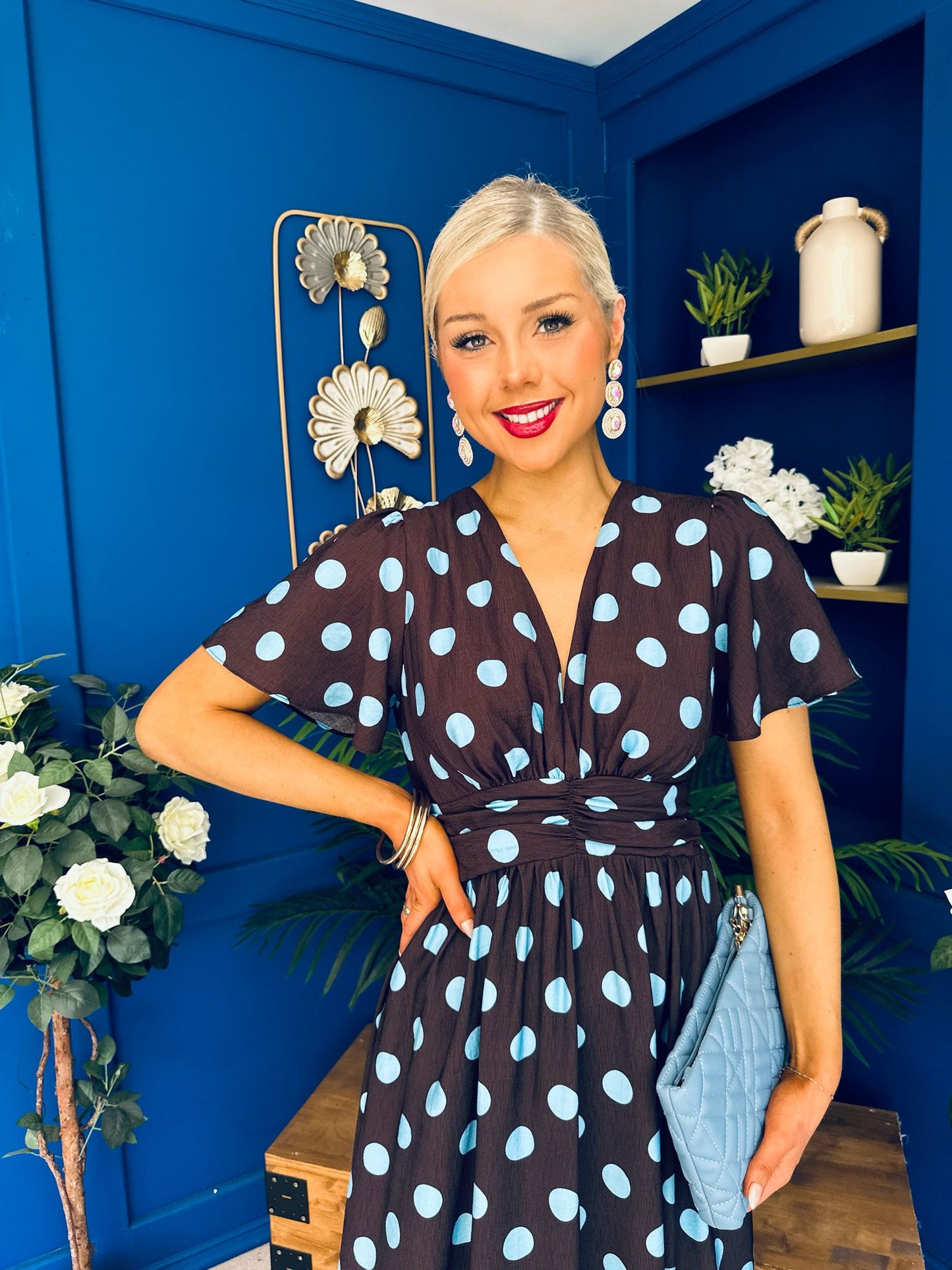 Mandy Banded Midi Dress Blue Polka Coffee