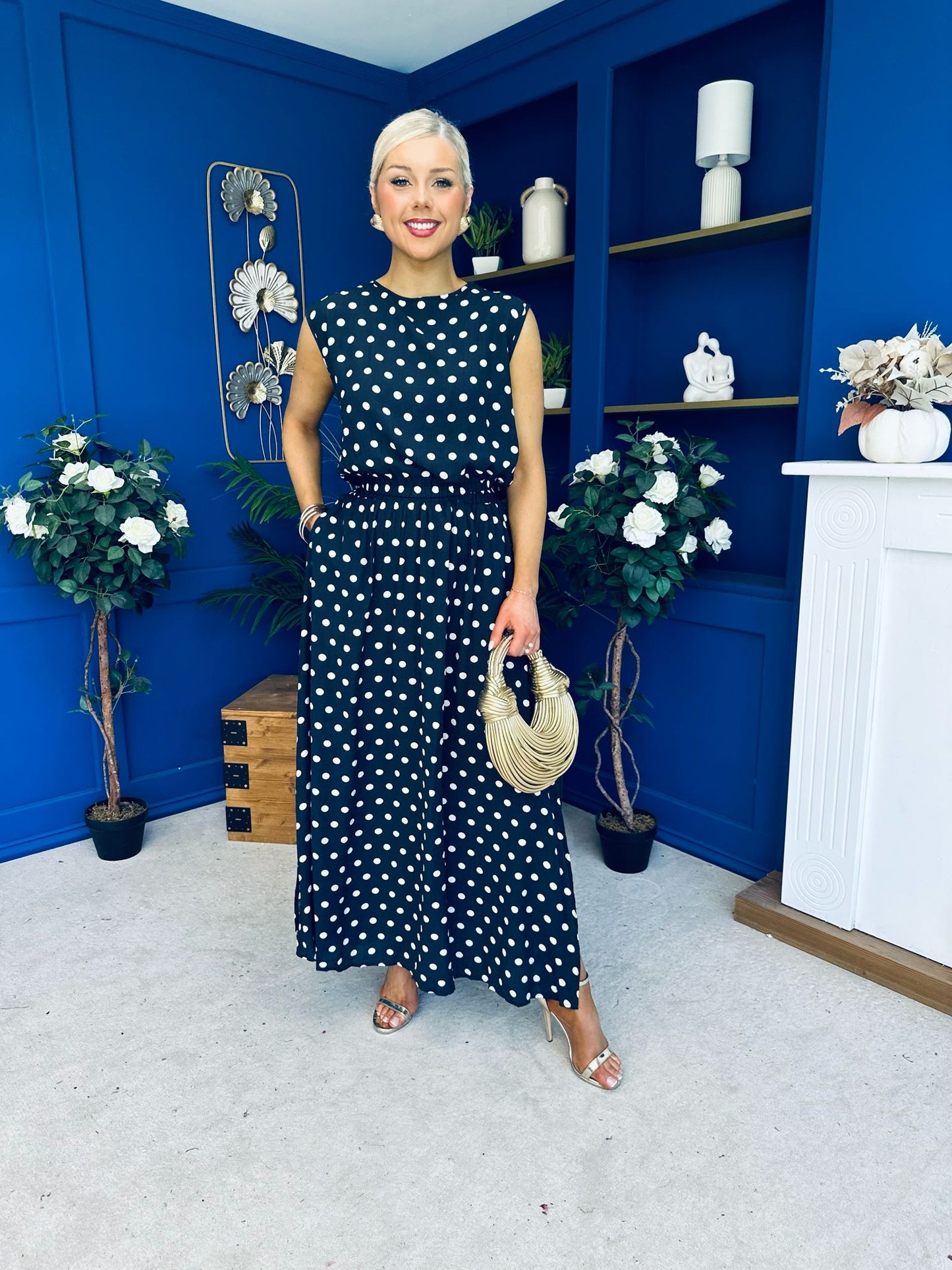 Briley Detailed Top & Skirt Set Polka Navy