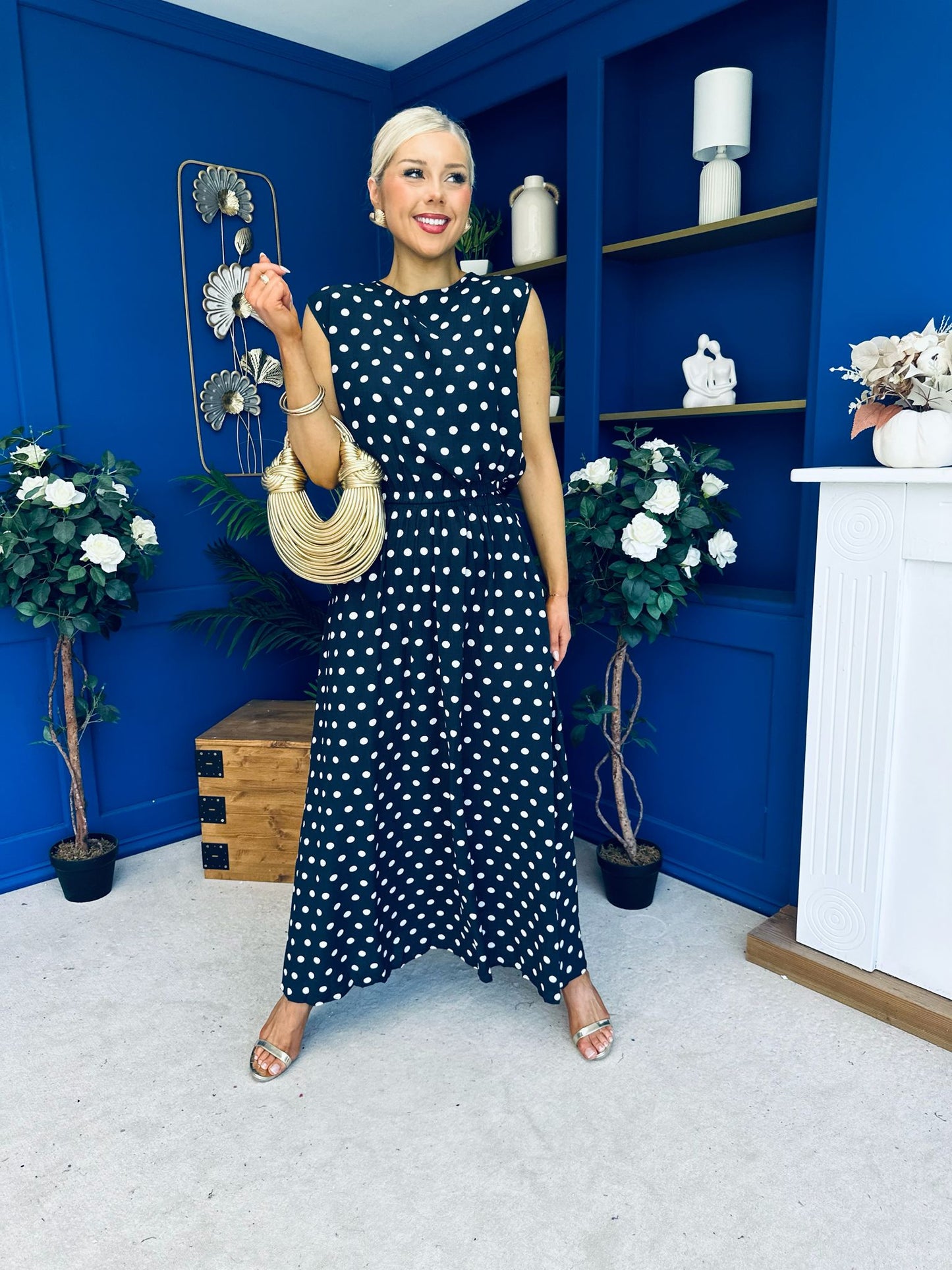 Briley Detailed Top & Skirt Set Polka Navy