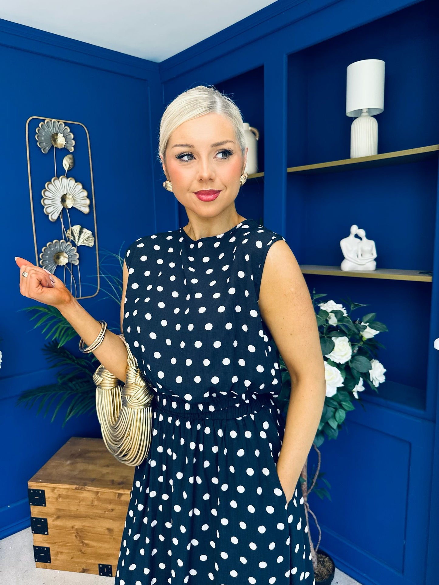 Briley Detailed Top & Skirt Set Polka Navy