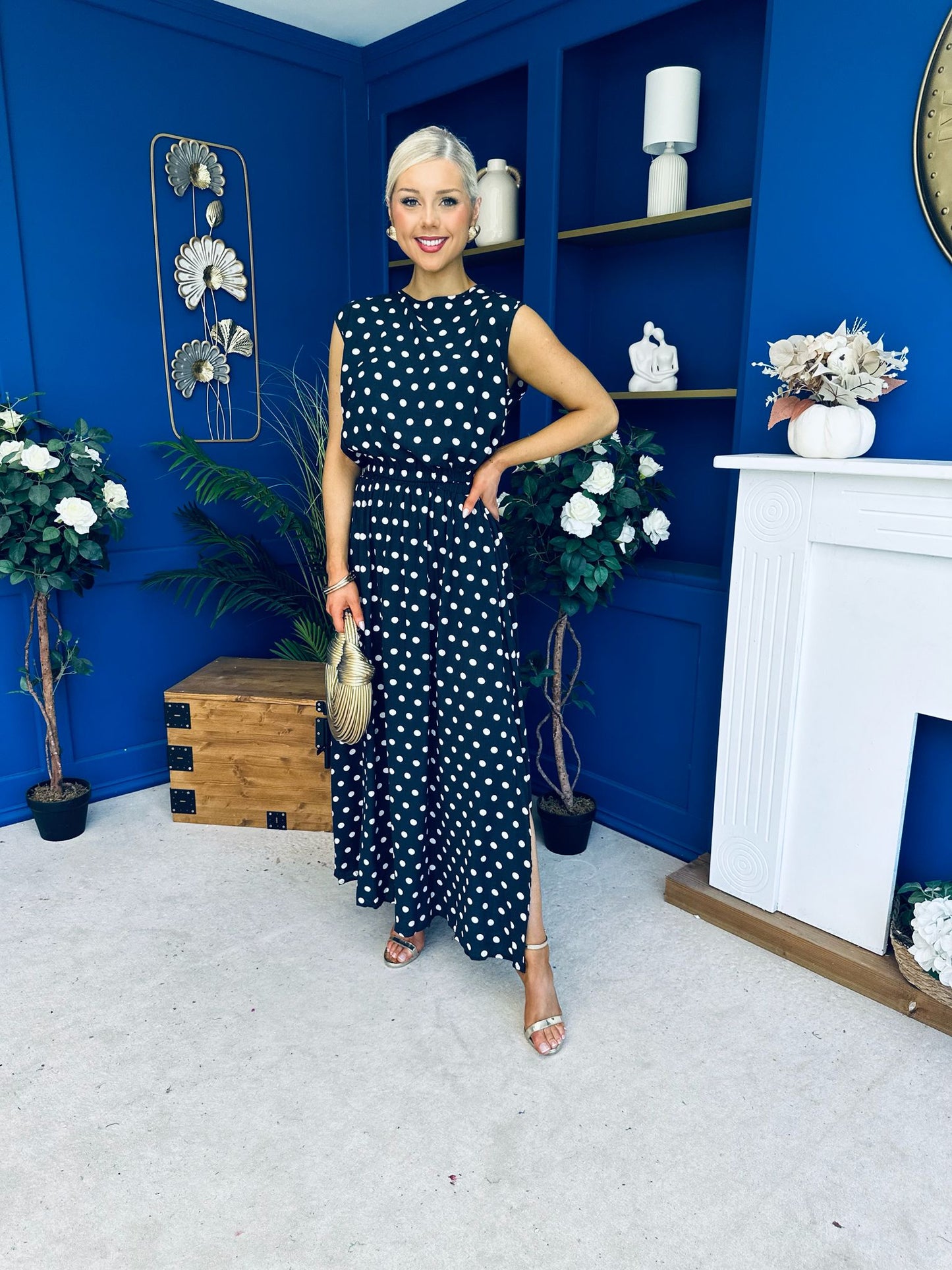 Briley Detailed Top & Skirt Set Polka Navy