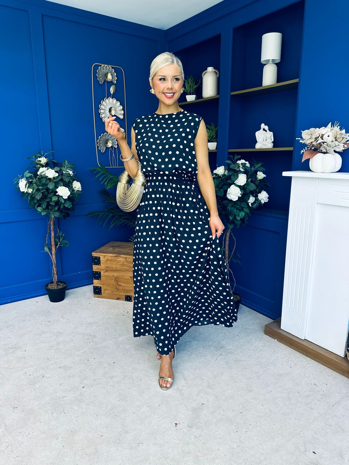 Briley Detailed Top & Skirt Set Polka Navy