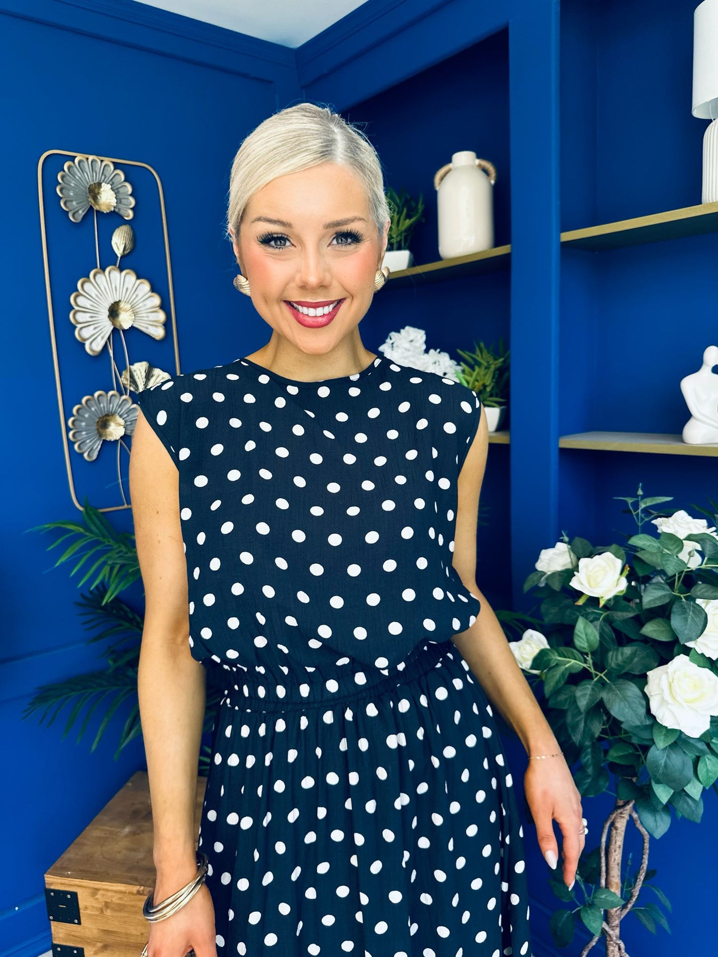 Briley Detailed Top & Skirt Set Polka Navy