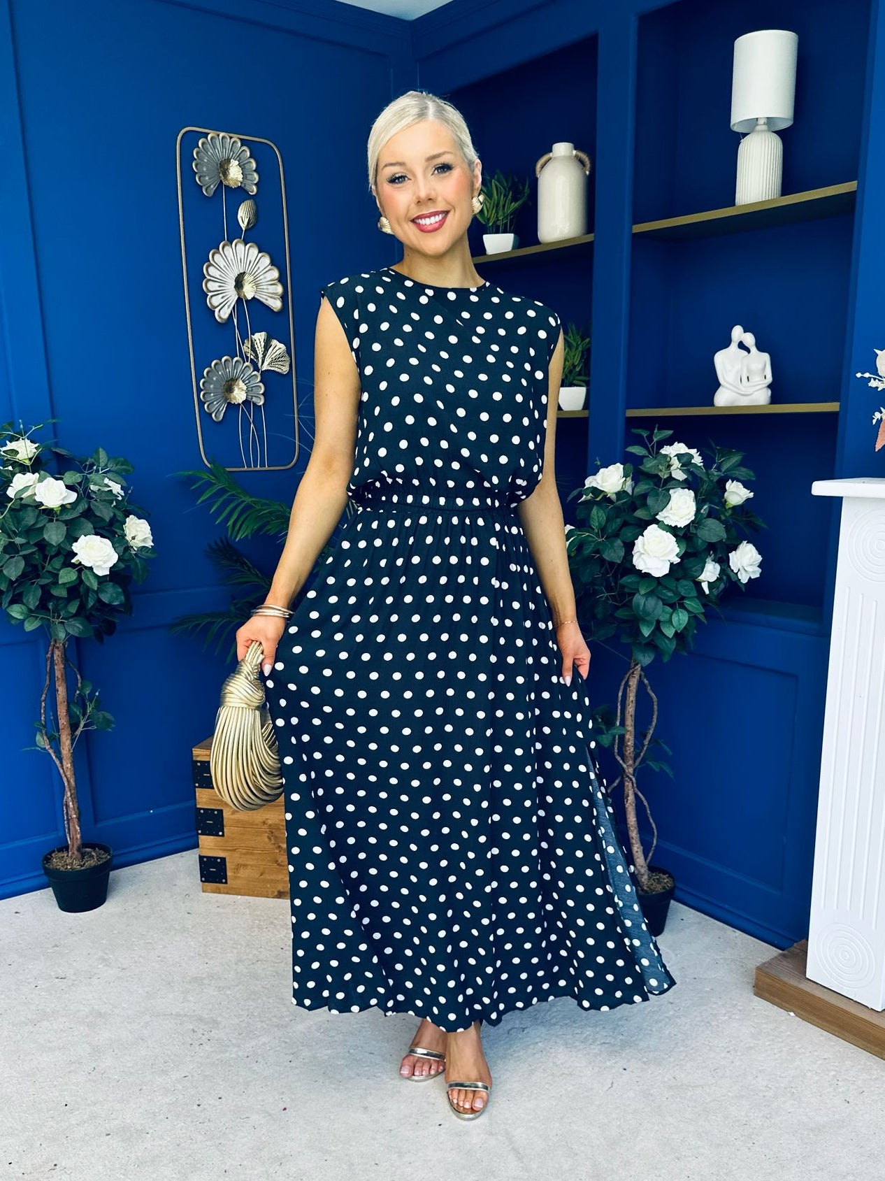 Briley Detailed Top & Skirt Set Polka Navy