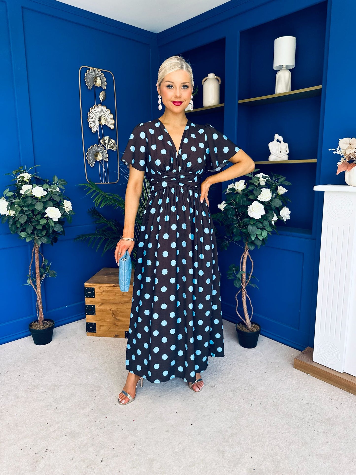 Mandy Banded Midi Dress Blue Polka Coffee