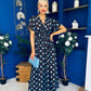 Mandy Banded Midi Dress Blue Polka Coffee
