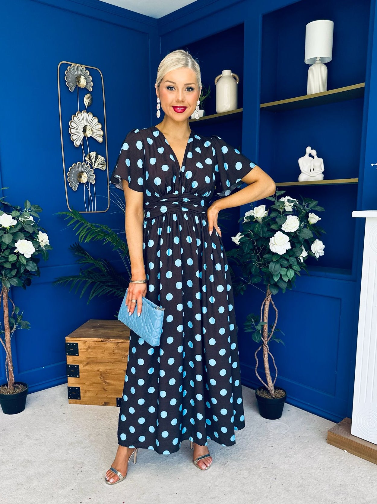 Mandy Banded Midi Dress Blue Polka Coffee