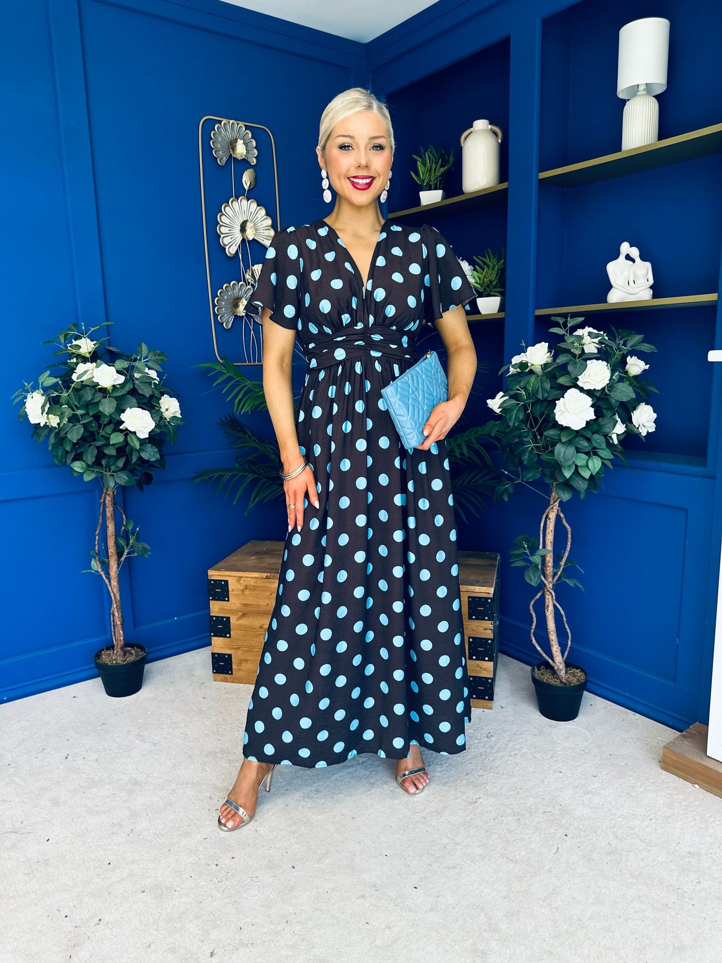 Mandy Banded Midi Dress Blue Polka Coffee