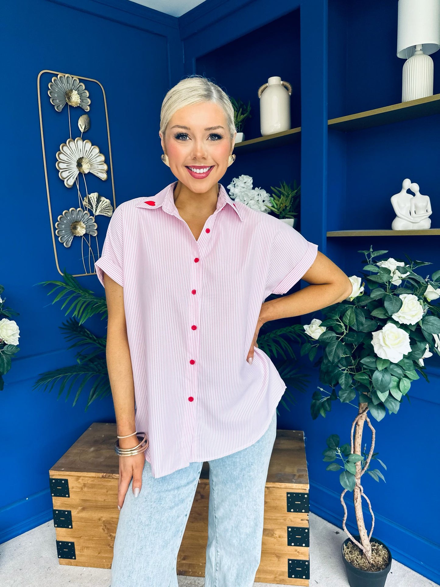 Adelyn Pinstrip Short Sleeve Shirt Pink