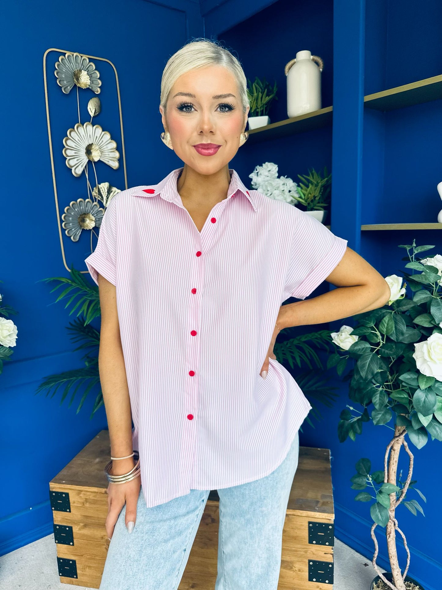 Adelyn Pinstrip Short Sleeve Shirt Pink