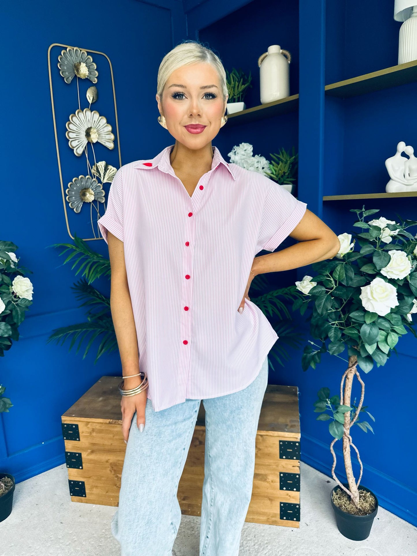 Adelyn Pinstrip Short Sleeve Shirt Pink