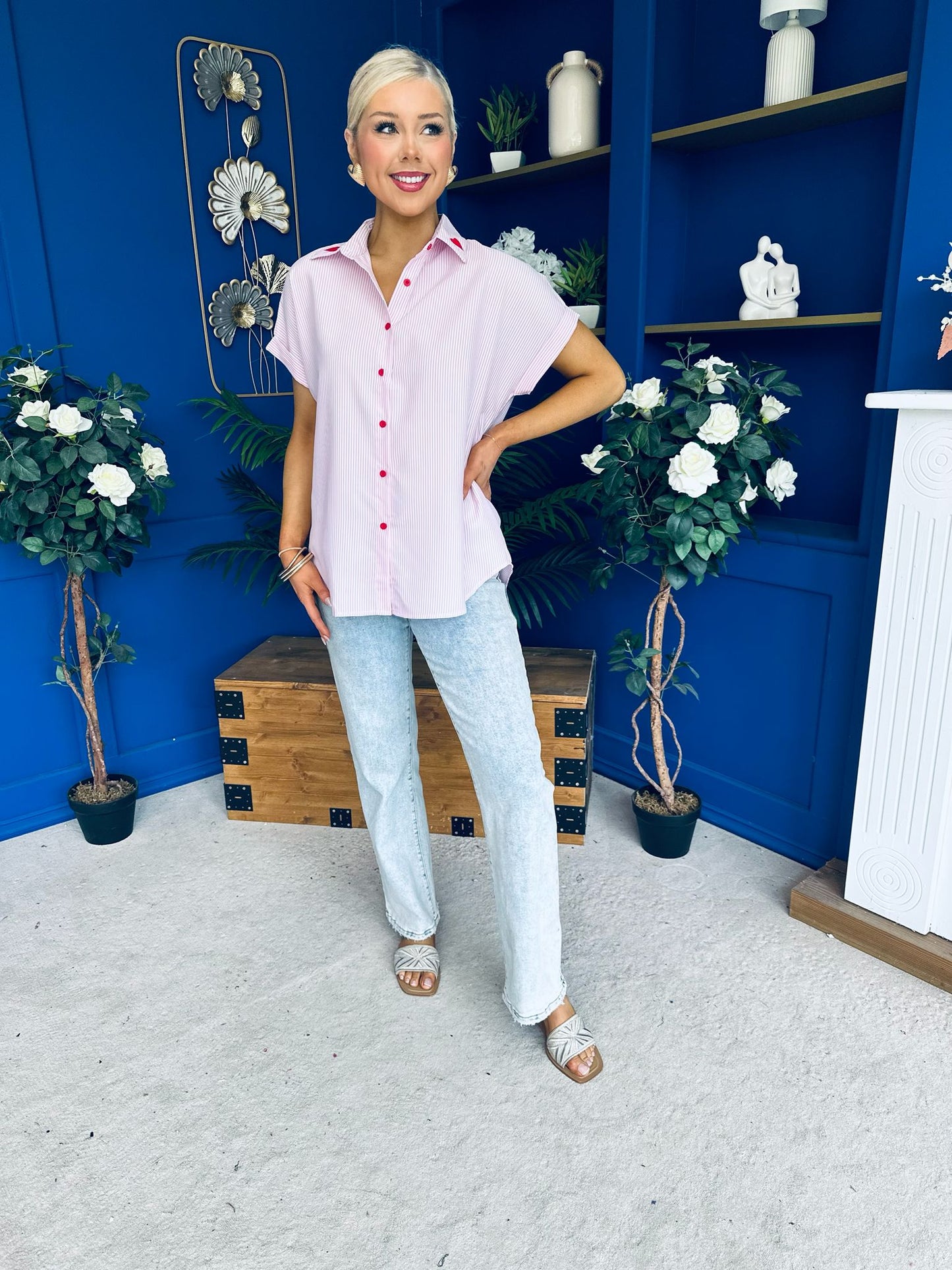 Adelyn Pinstrip Short Sleeve Shirt Pink