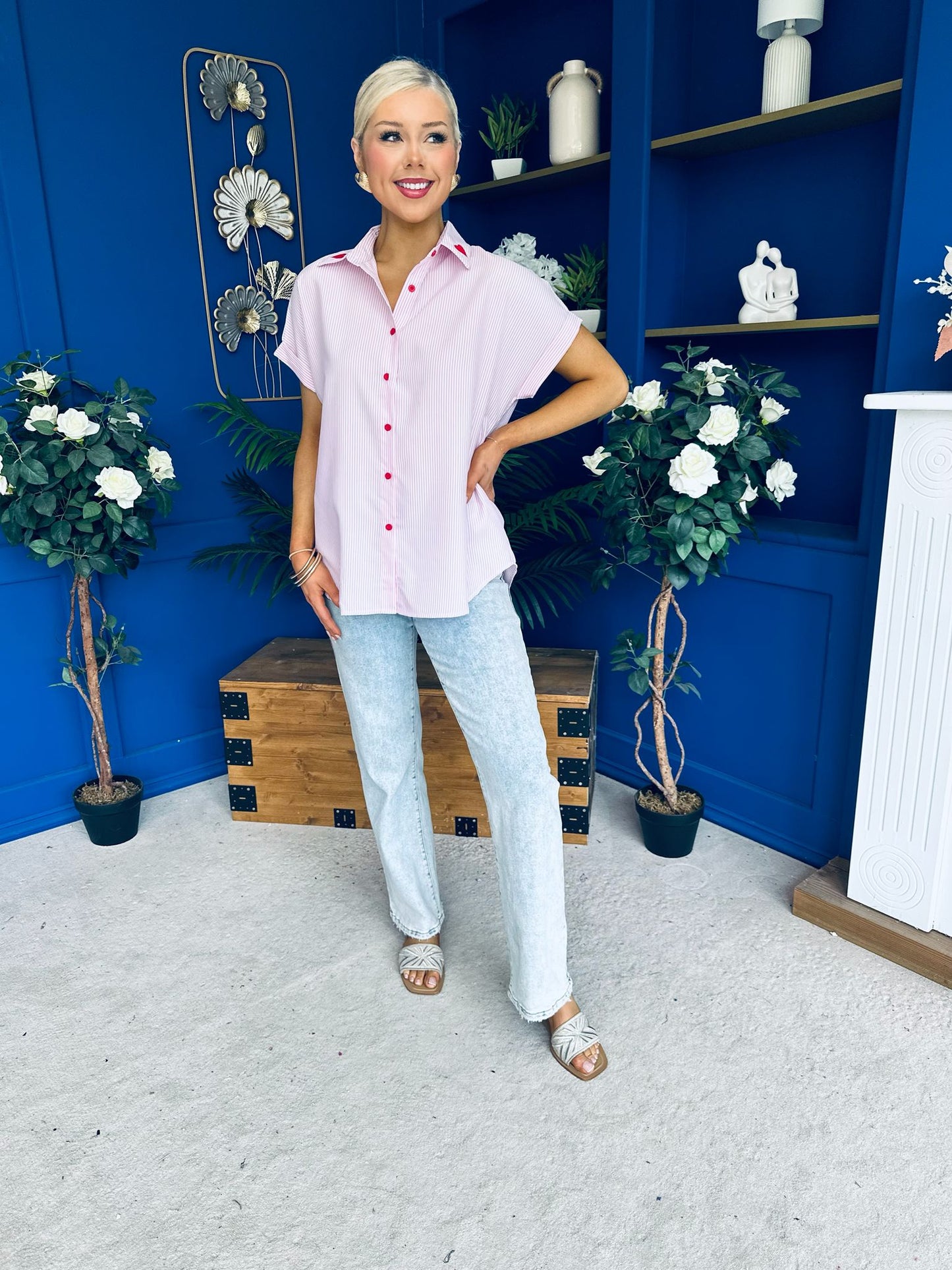 Adelyn Pinstrip Short Sleeve Shirt Pink